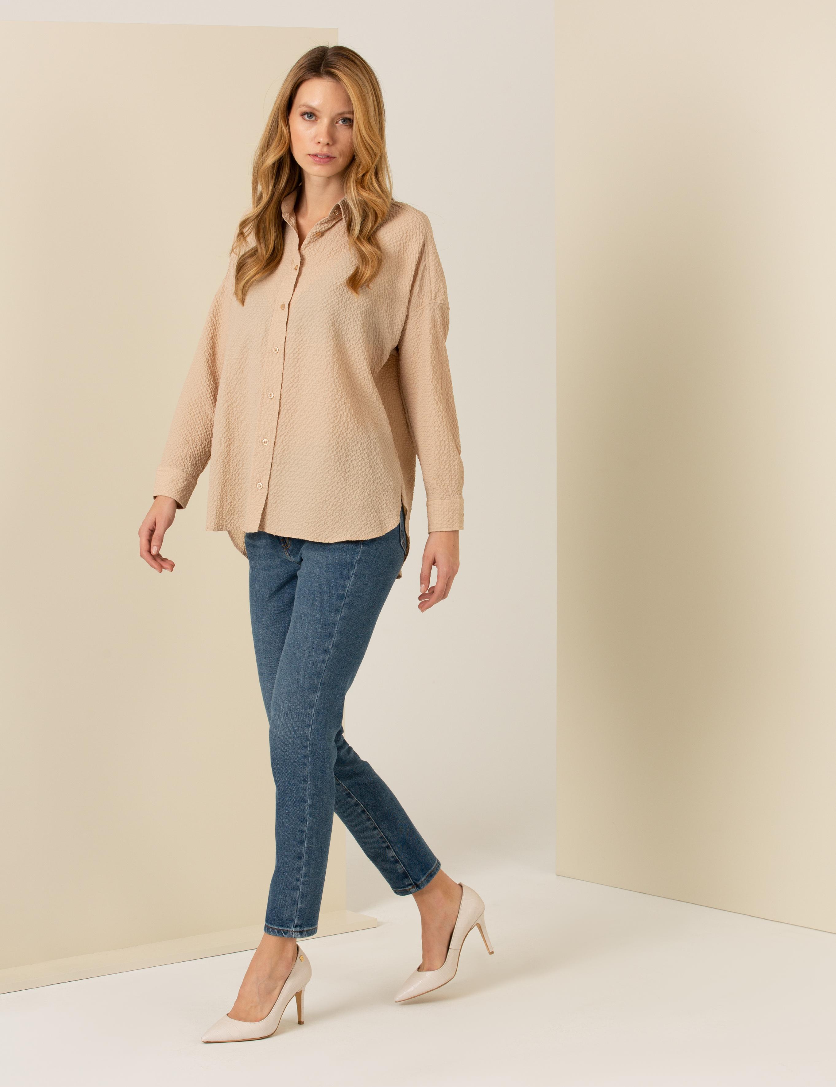 Camel Oversize Uzun Kollu Gömlek