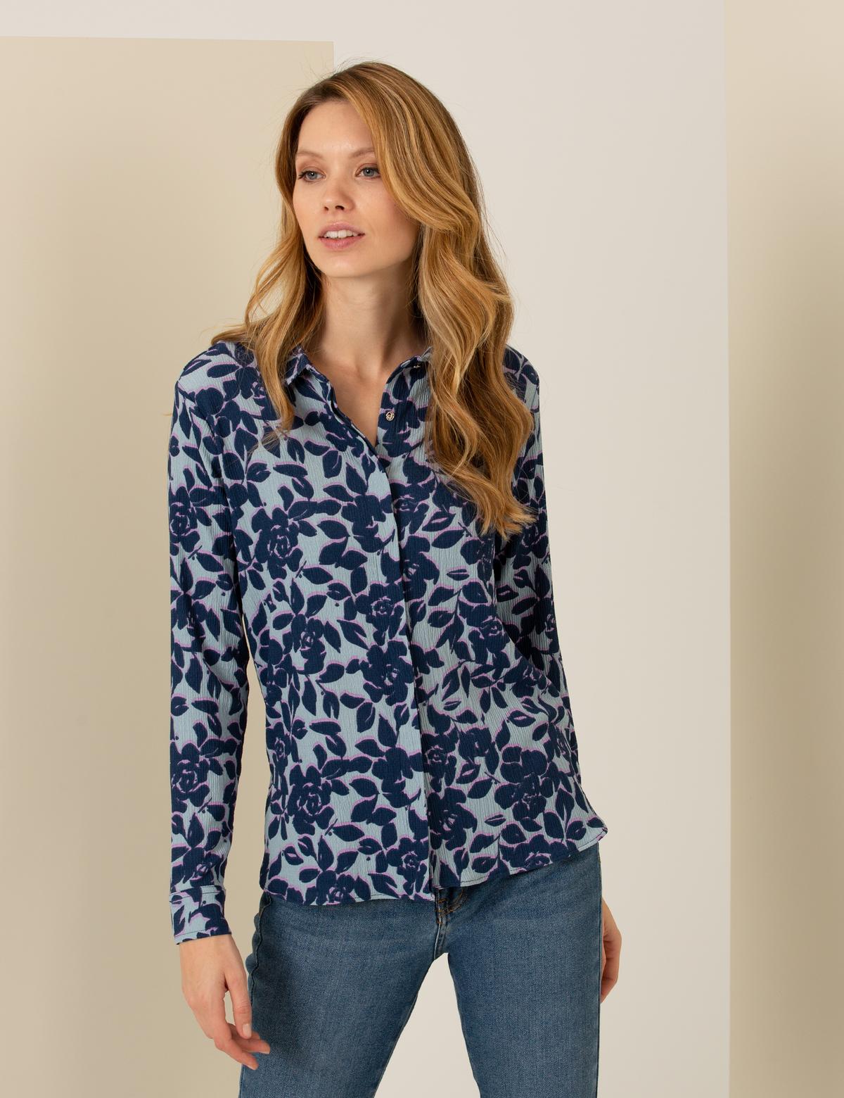 Koyu Mint Desenli Comfort Fit Gömlek