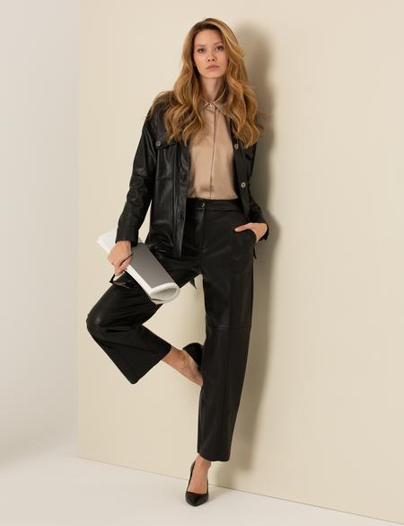 Siyah Suni Deri Pantolon - 50254469030