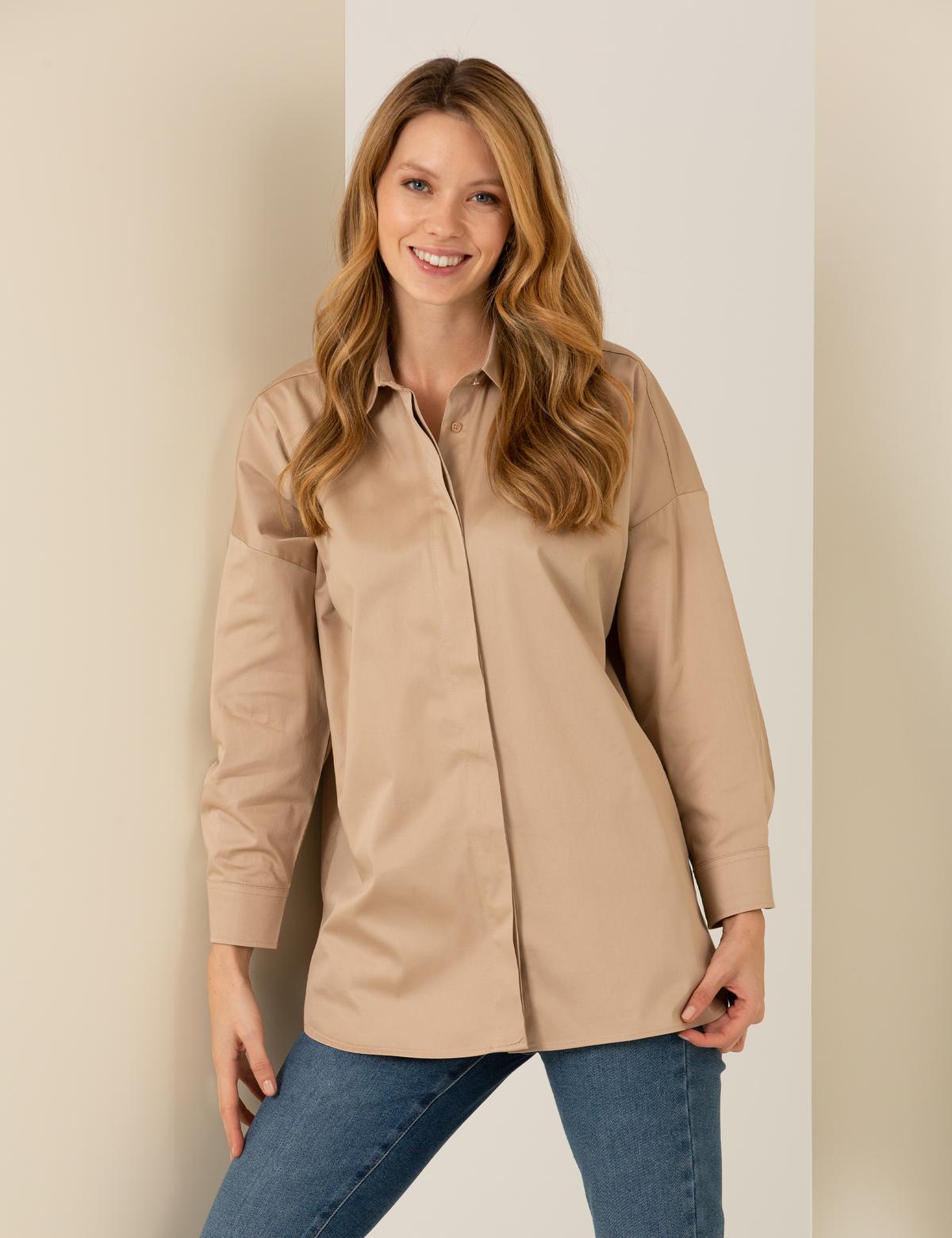 Bej Oversize Uzun Kollu Gömlek - 50262737004