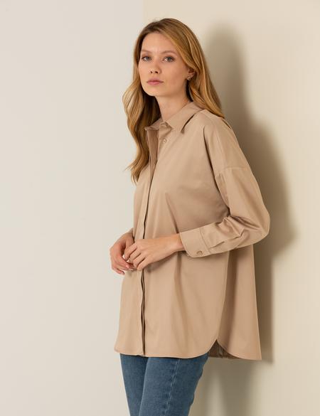 Bej Oversize Uzun Kollu Gömlek - 50262737004