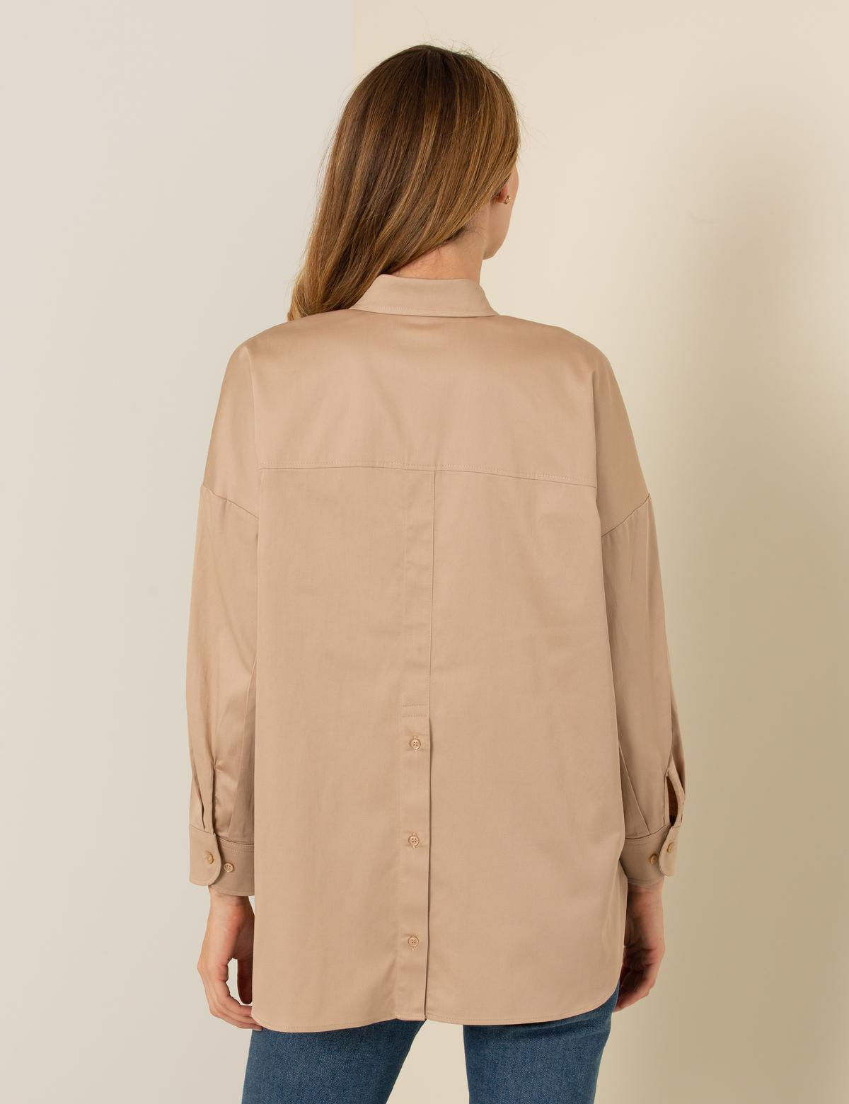 Bej Oversize Uzun Kollu Gömlek - 50262737004