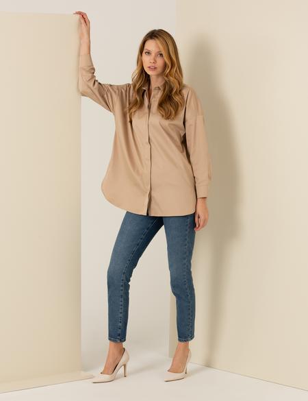 Bej Oversize Uzun Kollu Gömlek - 50262737004