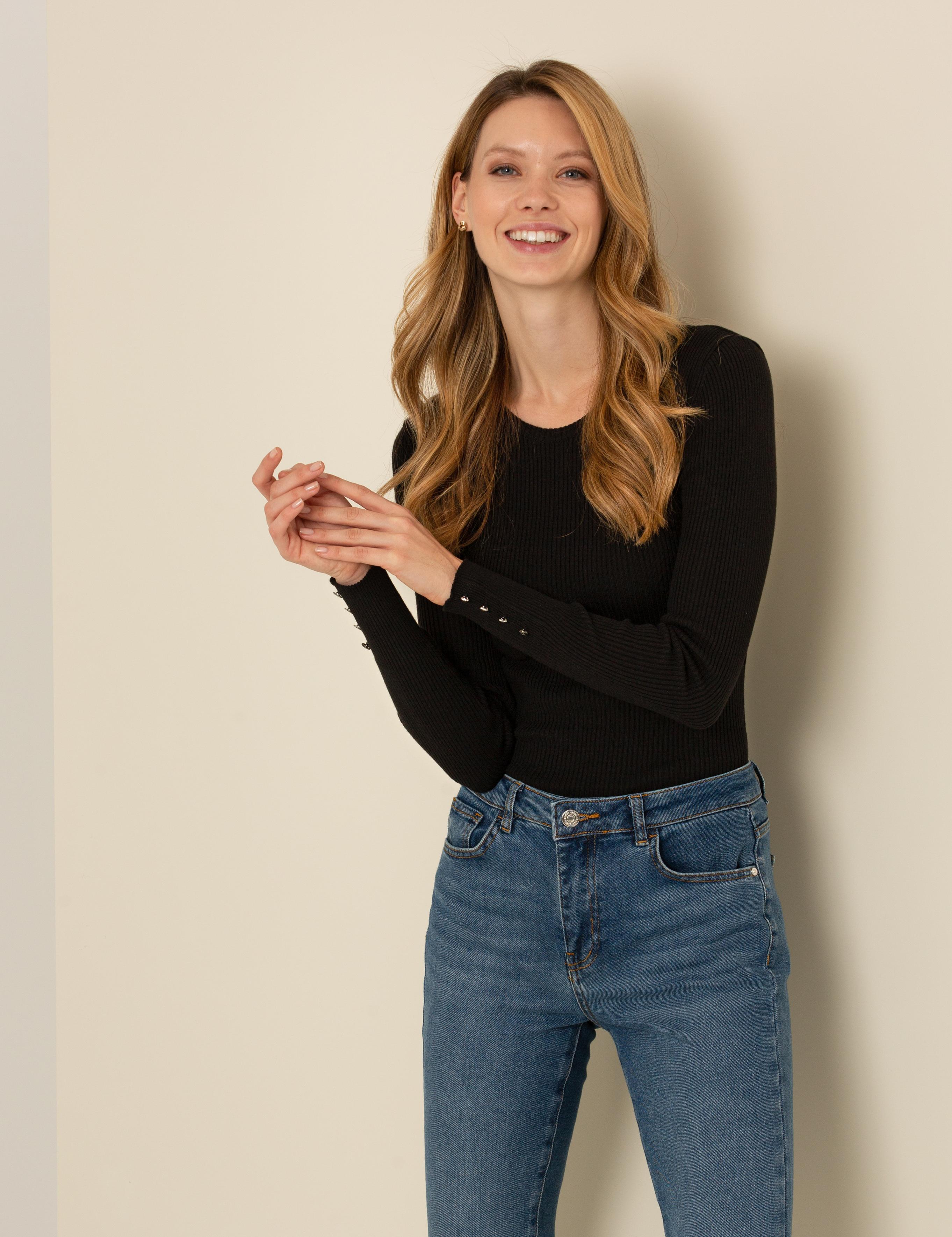 Siyah Slim Fit Bisiklet Yaka Basic Kazak