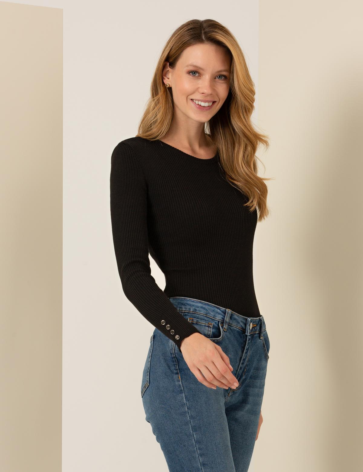 Siyah Slim Fit Bisiklet Yaka Basic Kazak