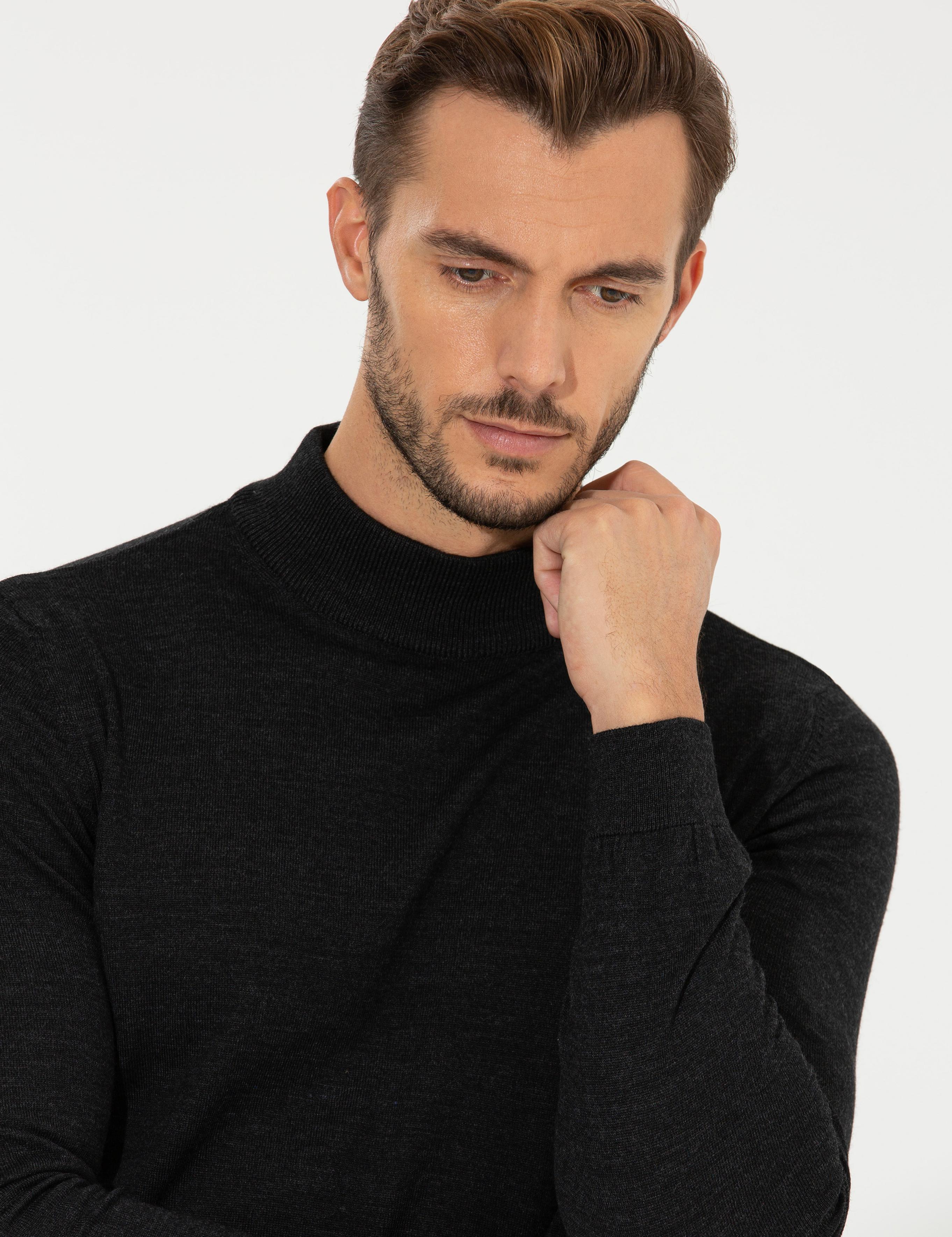 Antrasit Melanj Regular Fit Yarım Balıkçı Yaka Yün Karışımlı Basic Triko Kazak