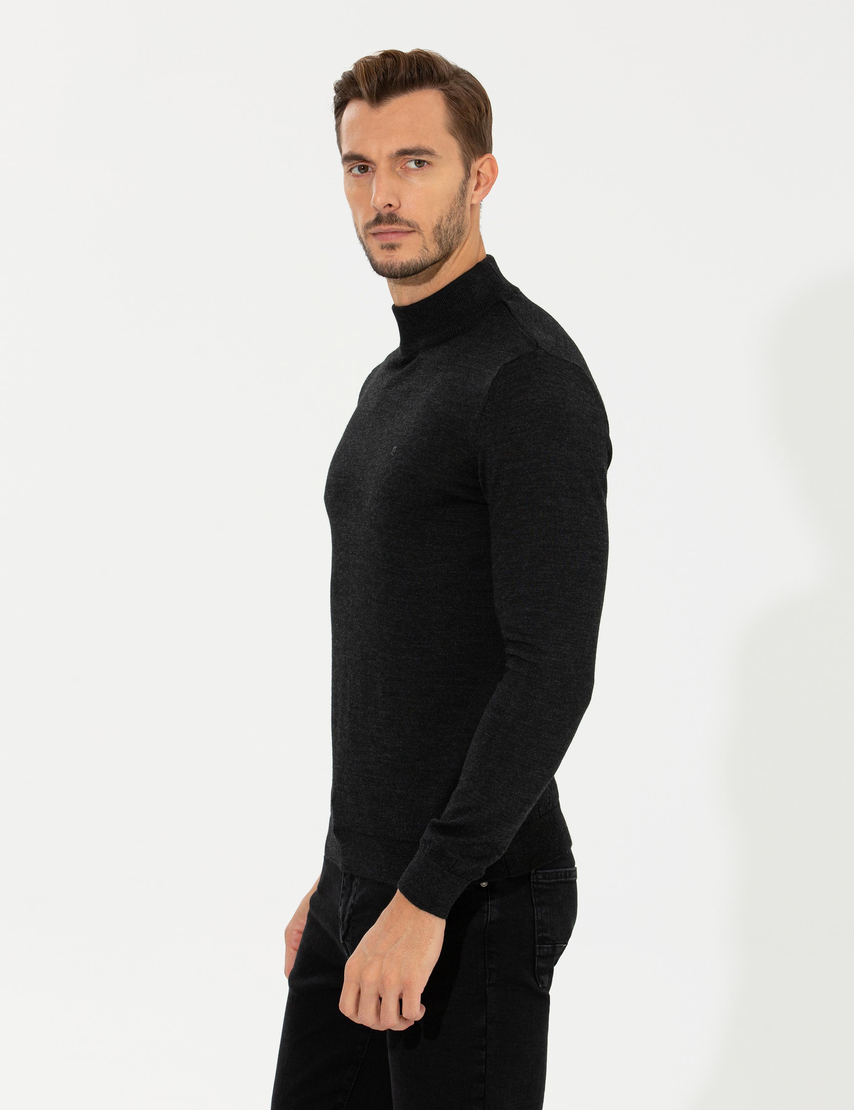 Antrasit Melanj Regular Fit Yarım Balıkçı Yaka Yün Karışımlı Basic Triko Kazak