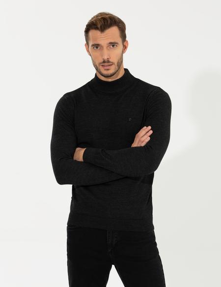 Antrasit Melanj Regular Fit Yarım Balıkçı Yaka Yün Karışımlı Basic Triko Kazak - 50236754093