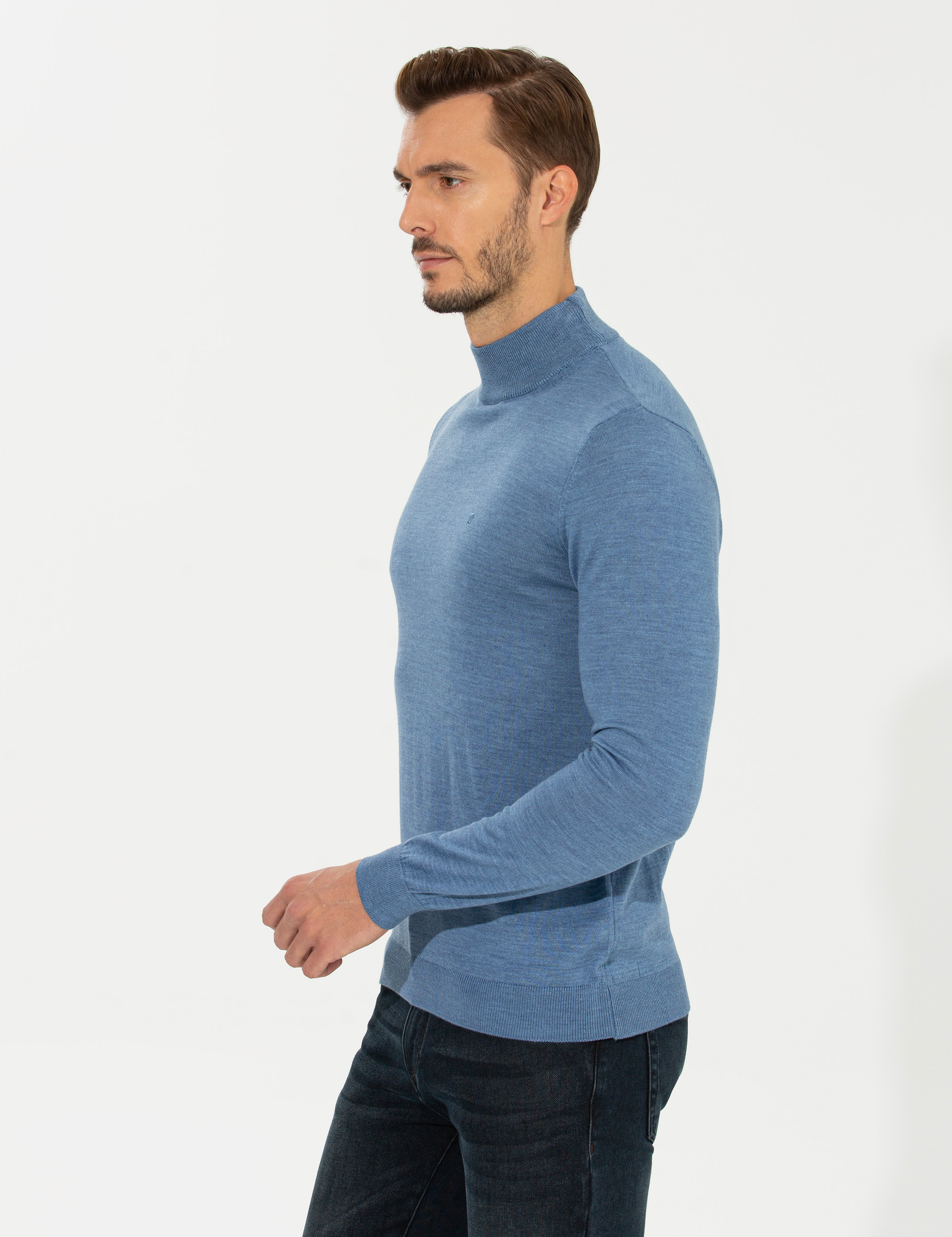 Pierre Cardin Mavi Regular Fit Yarım Balıkçı Yaka Yün Karışımlı Basic Triko Kazak görsel 4