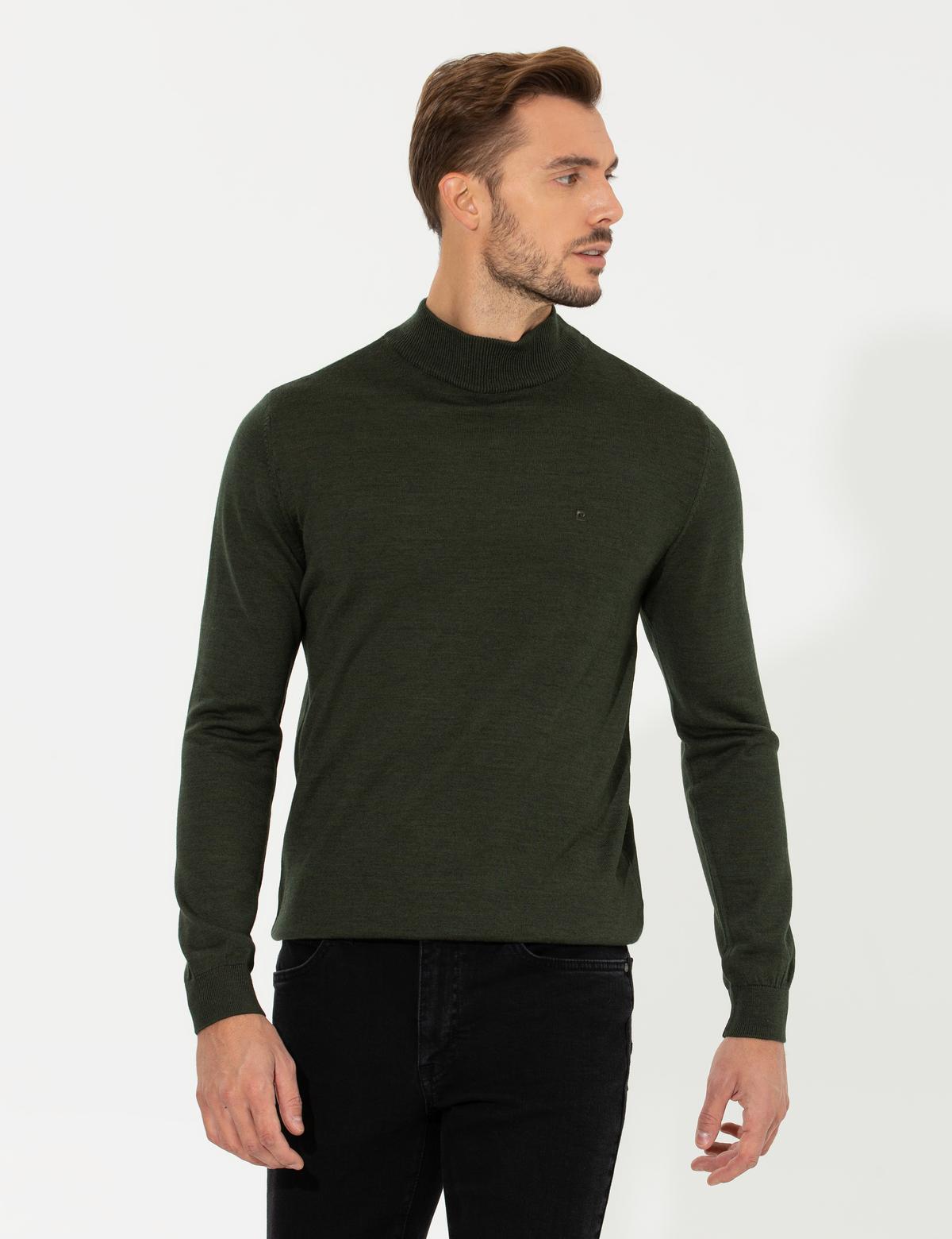 Yeşil Regular Fit Yarım Balıkçı Yaka Yün Karışımlı Basic Triko Kazak