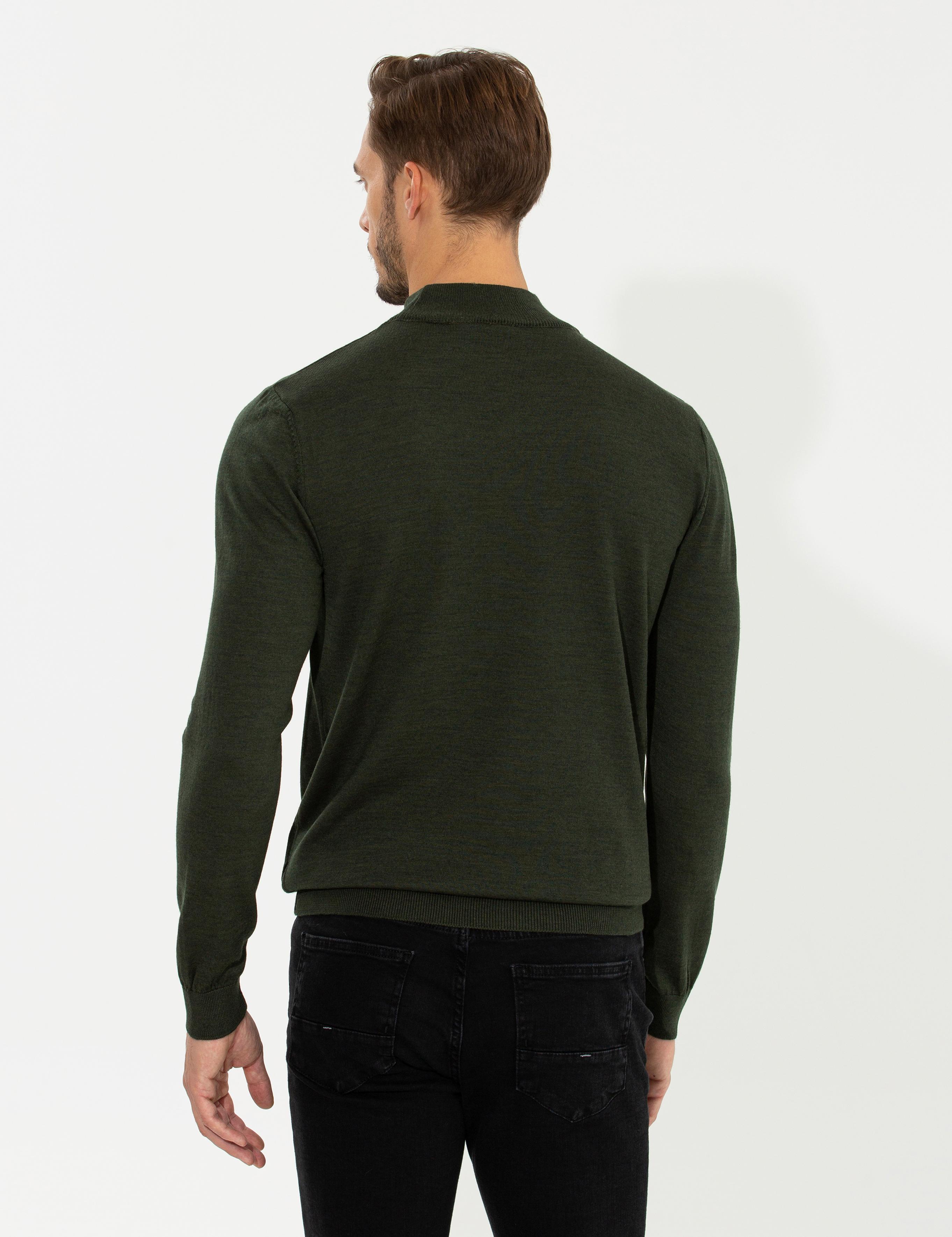 Yeşil Regular Fit Yarım Balıkçı Yaka Yün Karışımlı Basic Triko Kazak