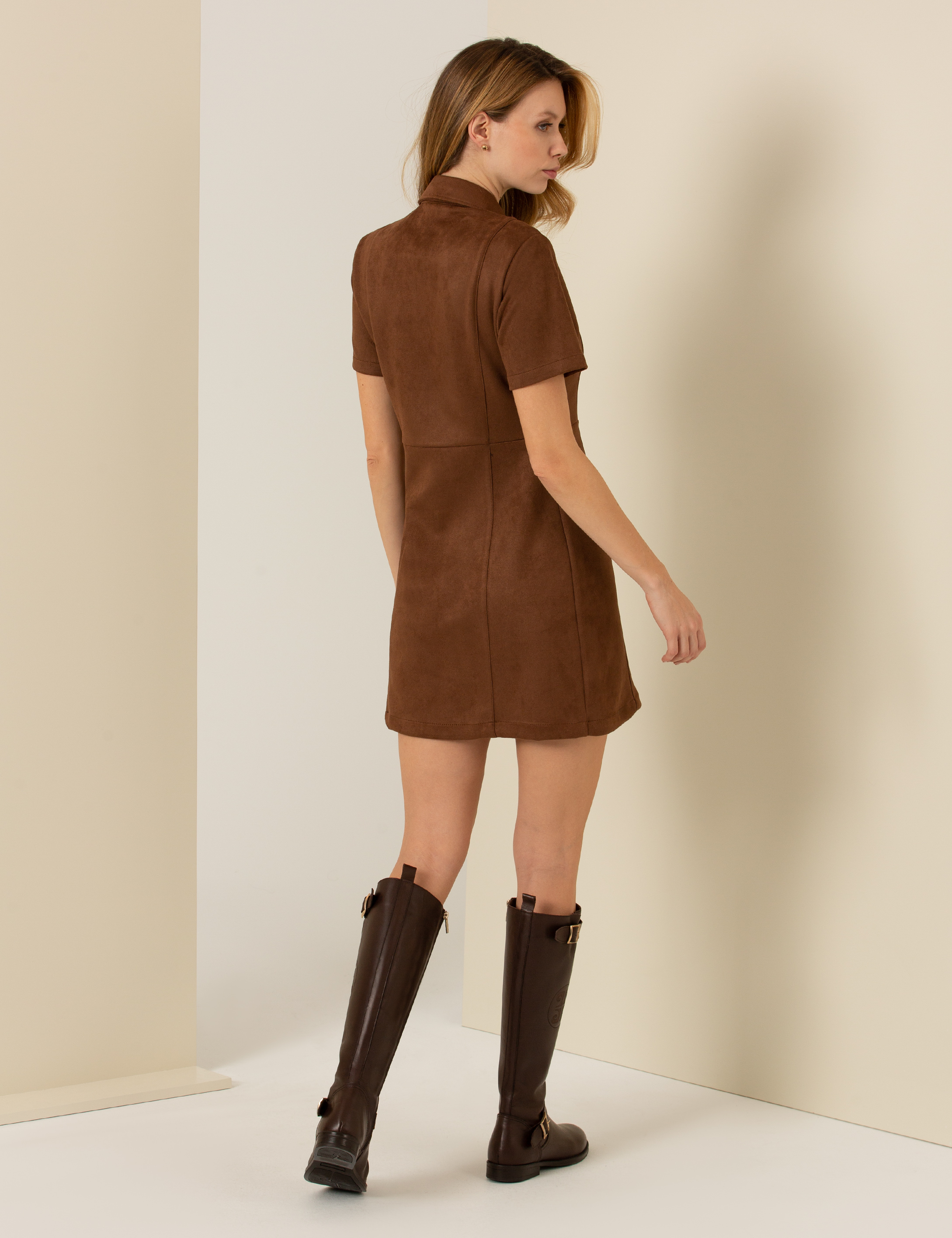 Kahverengi Slim Fit Dokuma Elbise - Image 5
