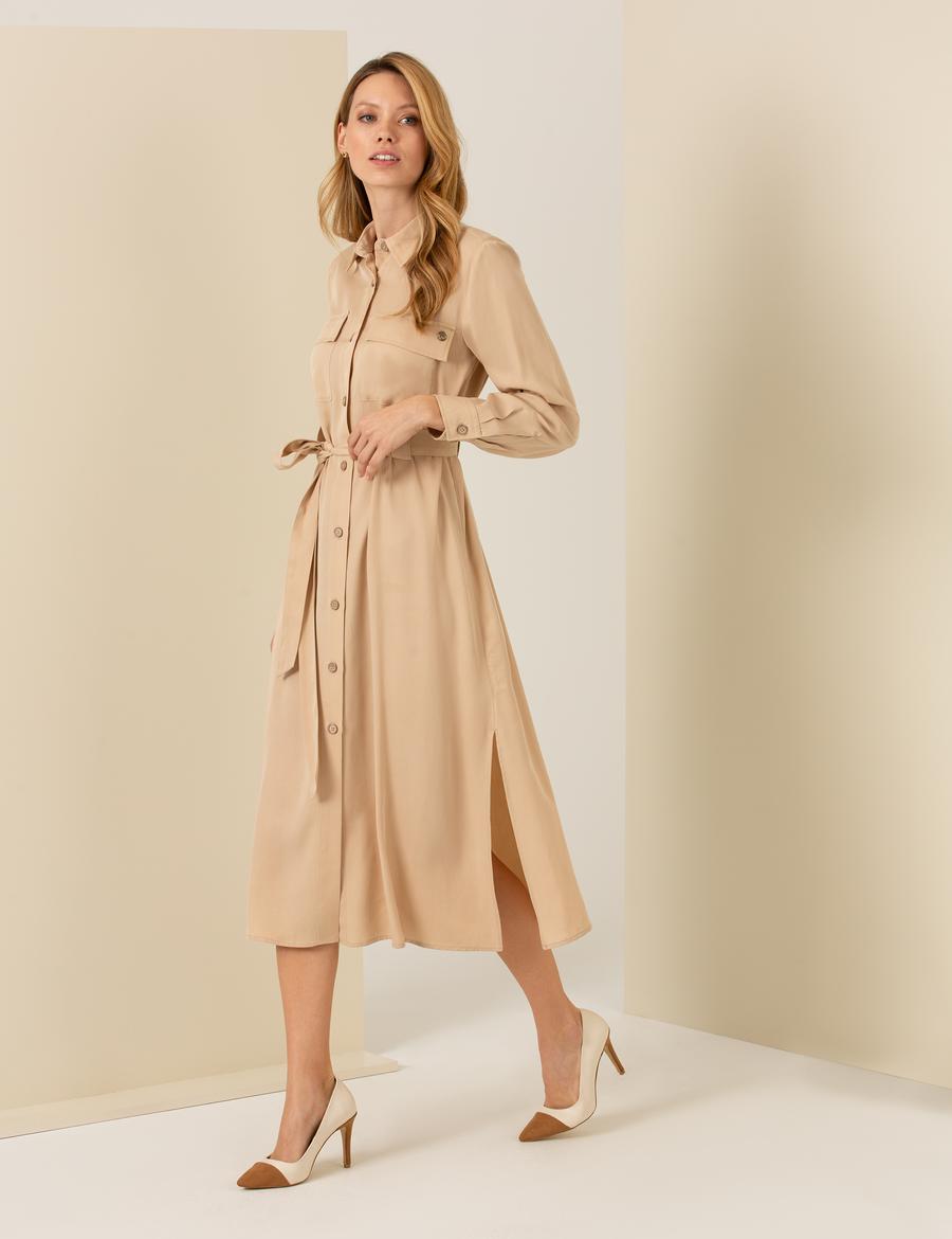 Bej Midi Gömlek Elbise