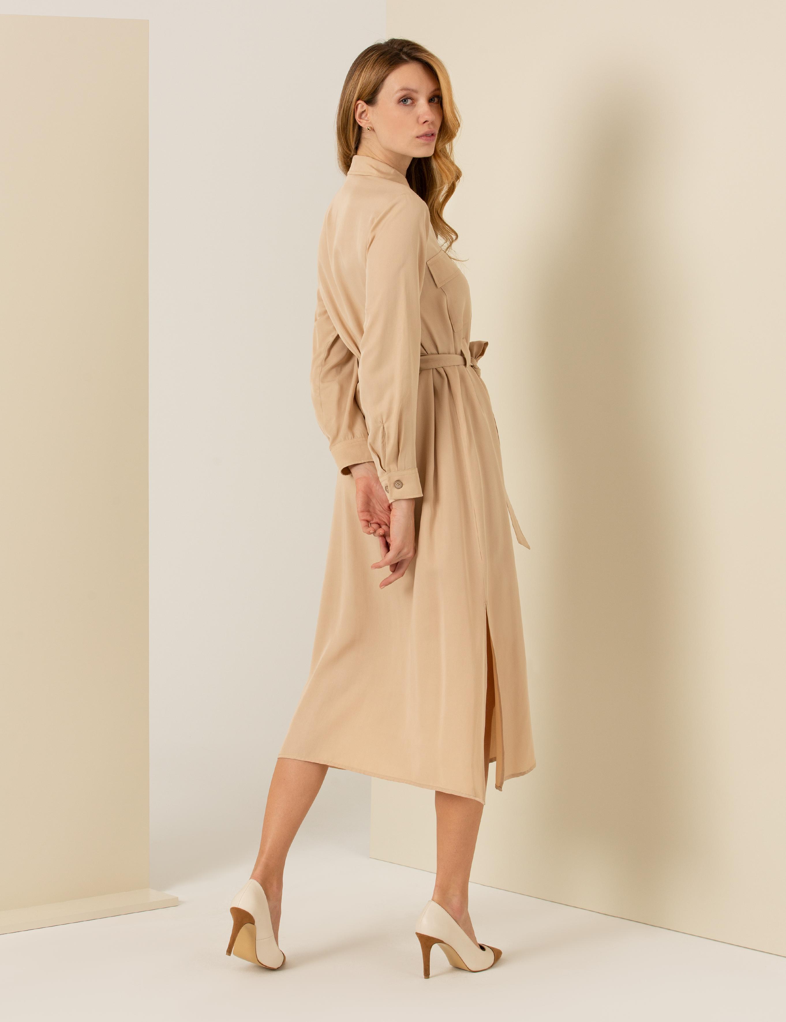 Bej Midi Gömlek Elbise