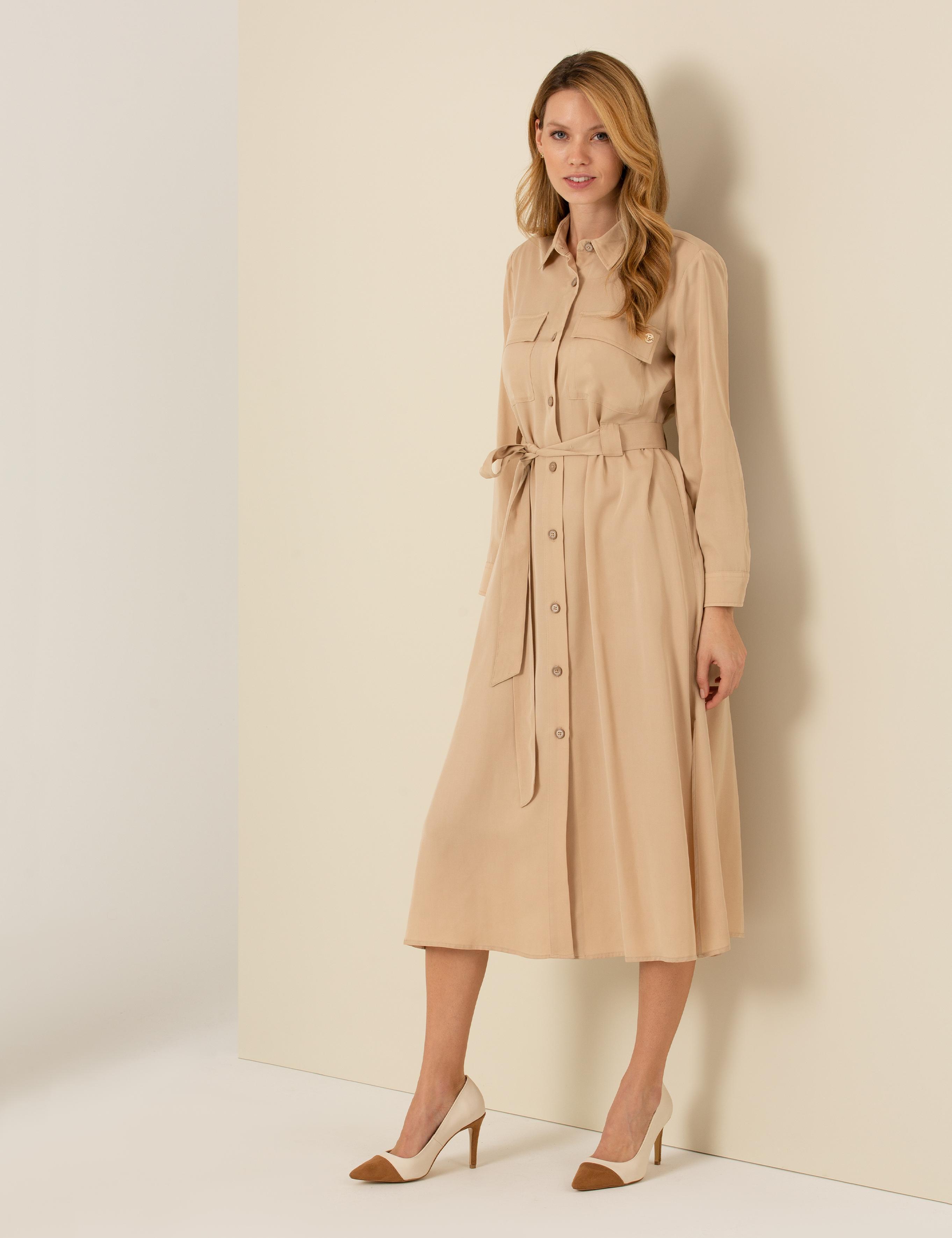 Bej Midi Gömlek Elbise