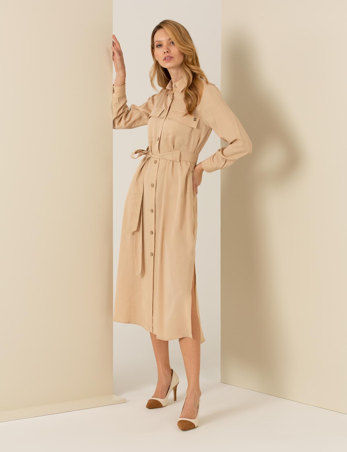 Bej Midi Gömlek Elbise - 50262730002