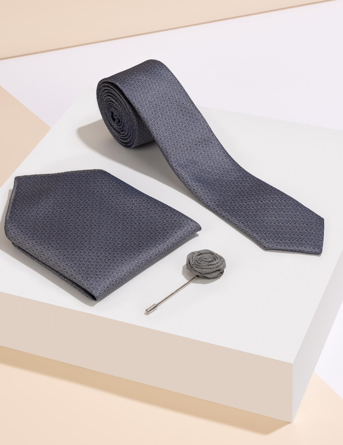Gri 3'lü Kravat Mendil Set