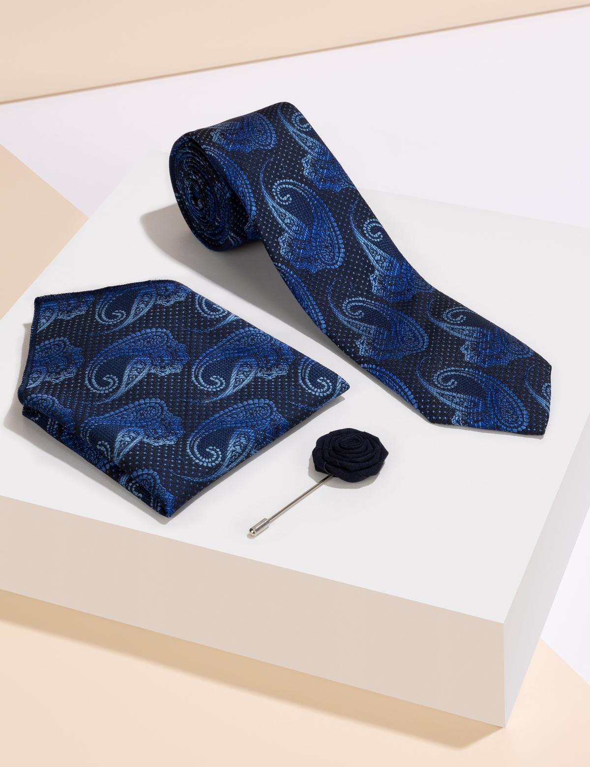 Lacivert 3'lü Kravat Mendil Set