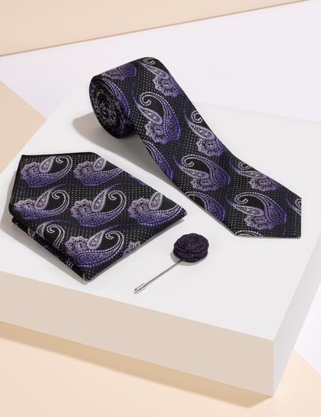 Mor 3'lü Kravat Mendil Set - 50269861003