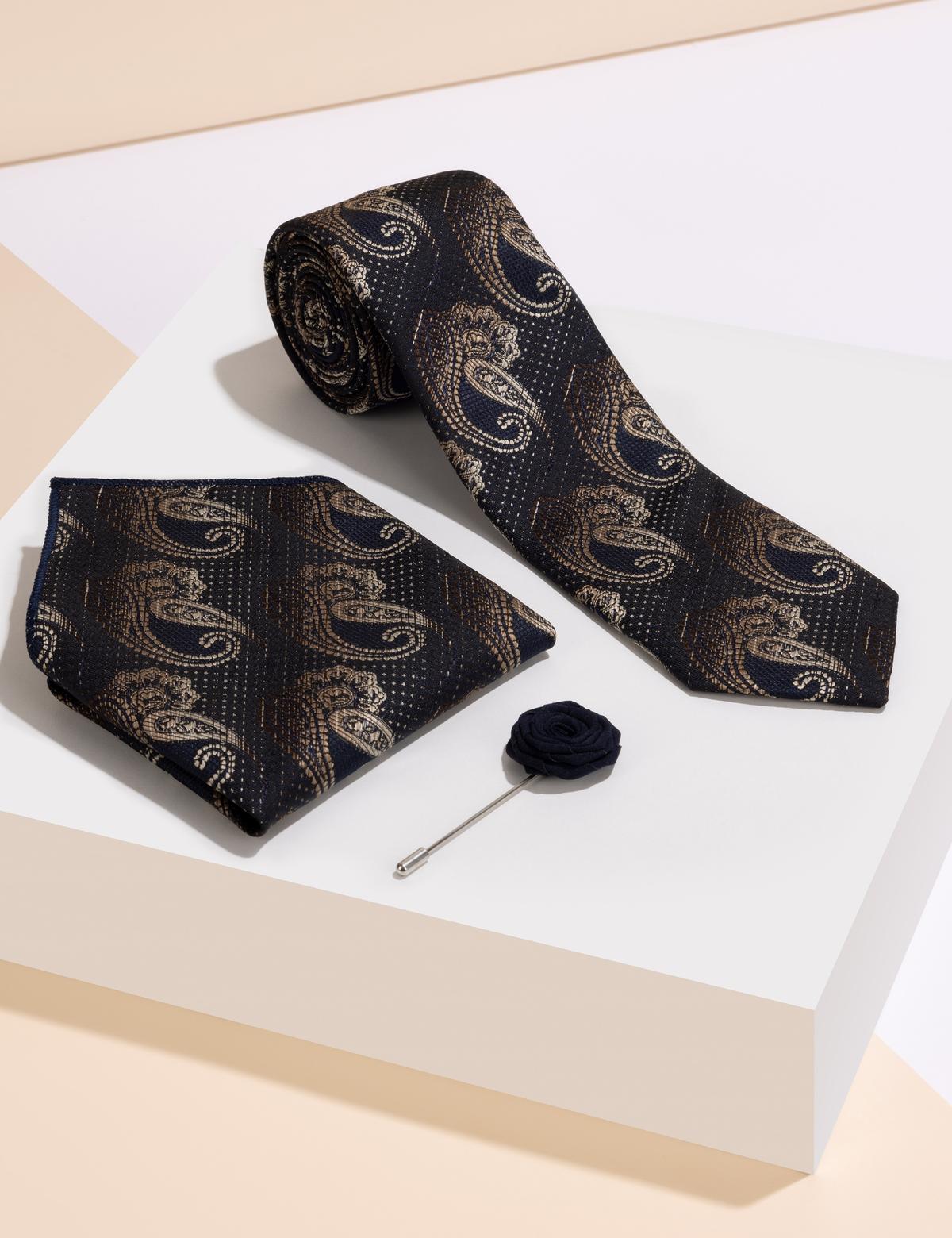 Kahverengi 3'lü Kravat Mendil Set