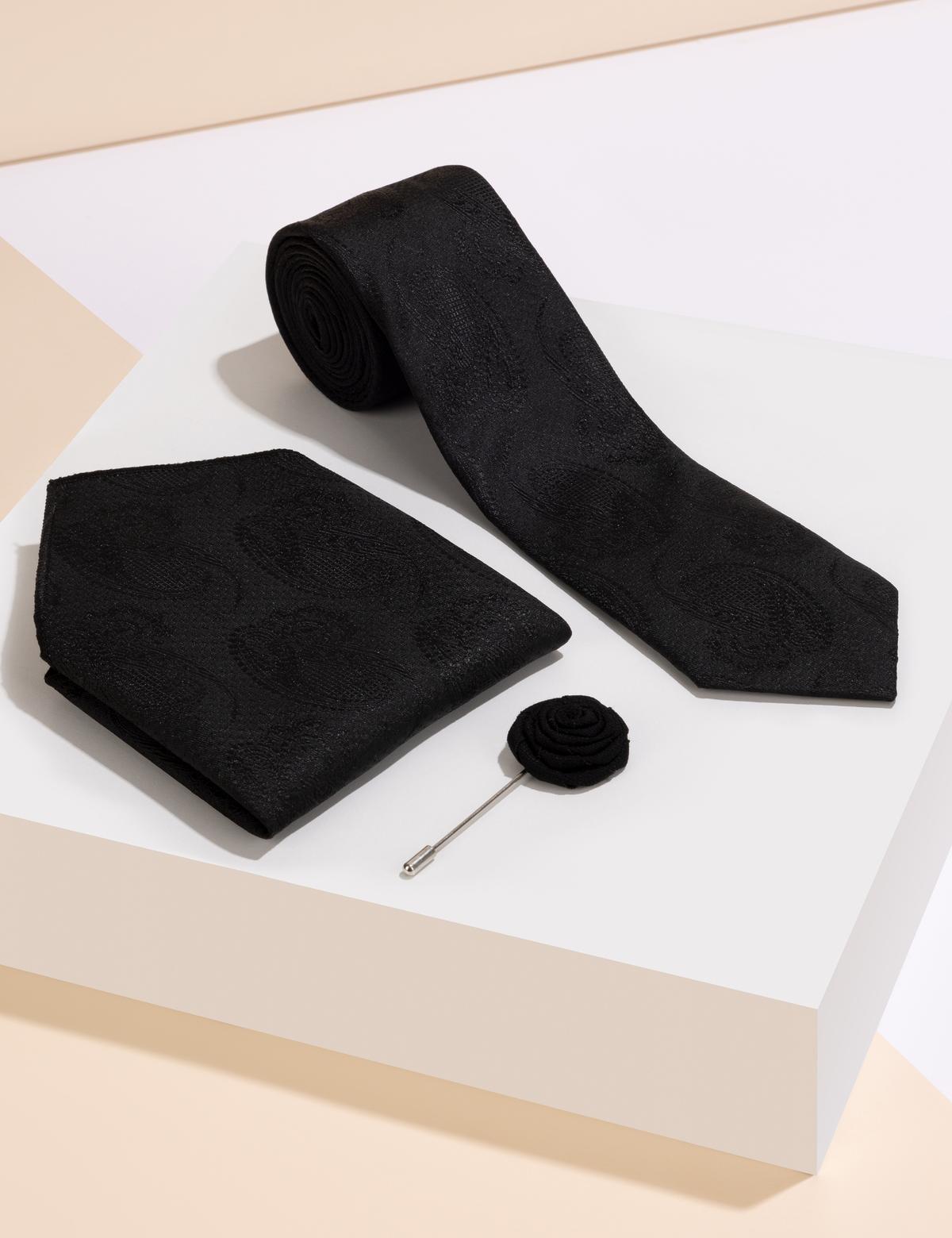 Siyah 3'lü Kravat Mendil Set