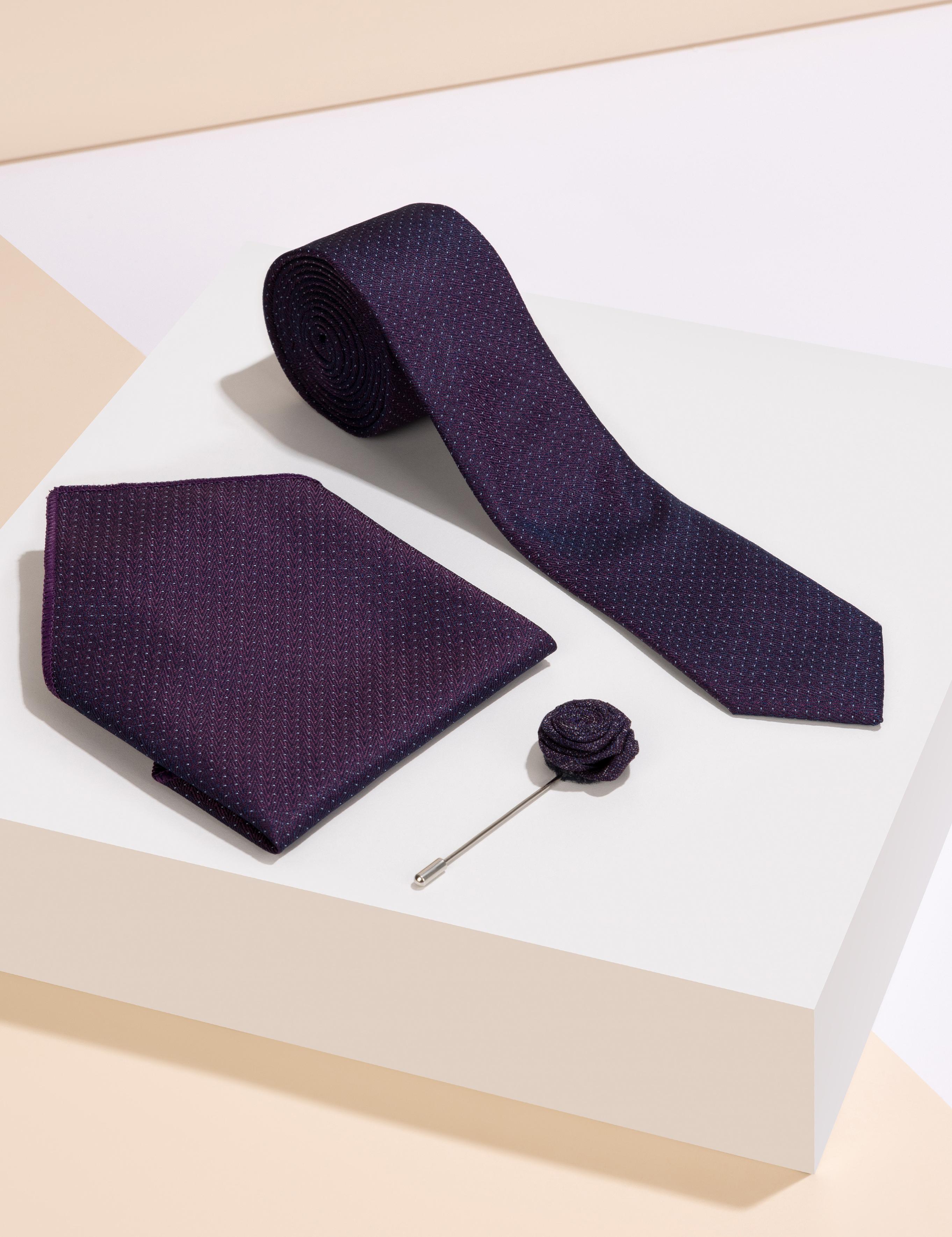 Mor 3'lü Kravat Mendil Set