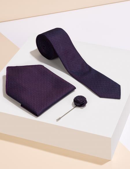 Mor 3'lü Kravat Mendil Set - 50269819003