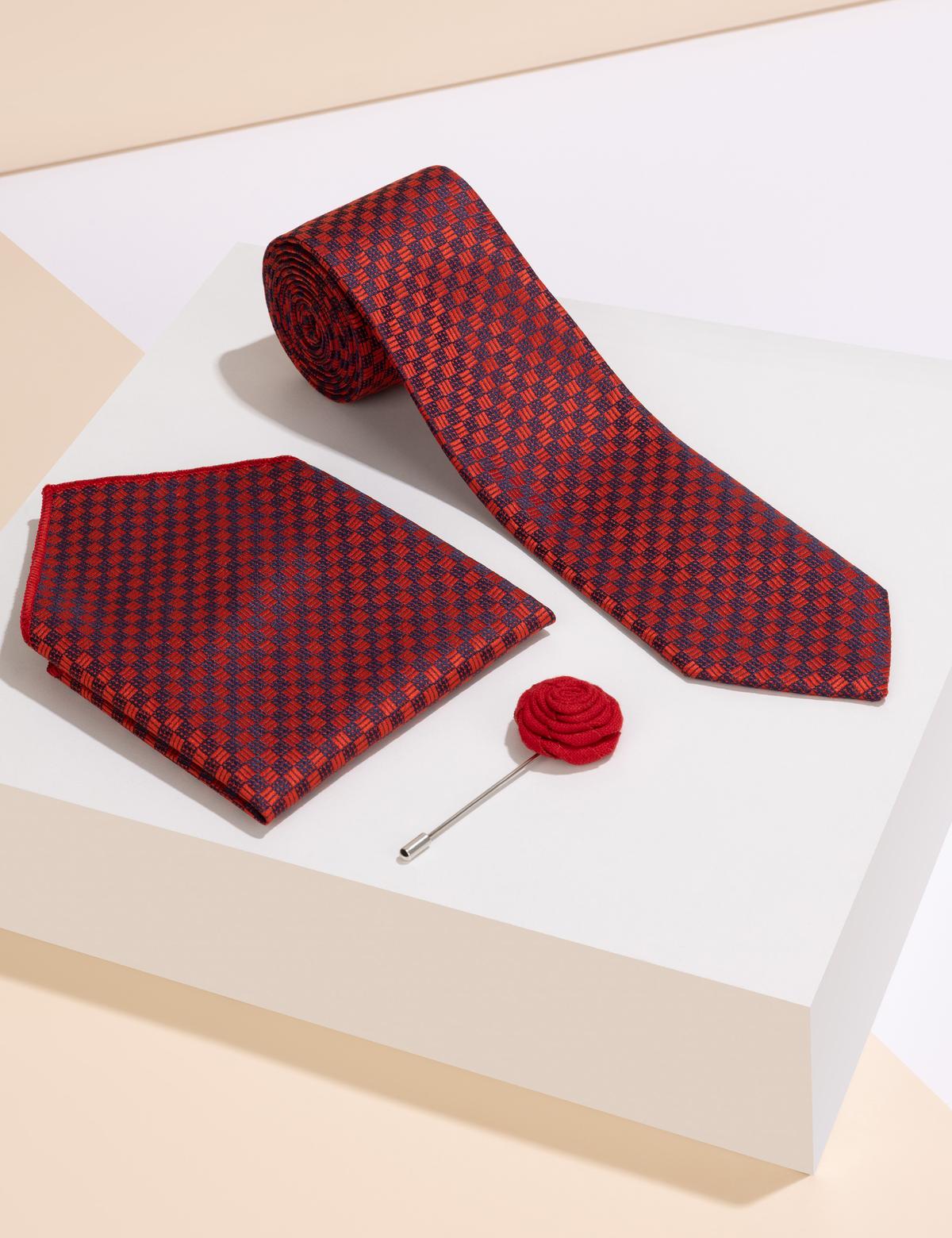 Bordo 3'lü Kravat Mendil Set