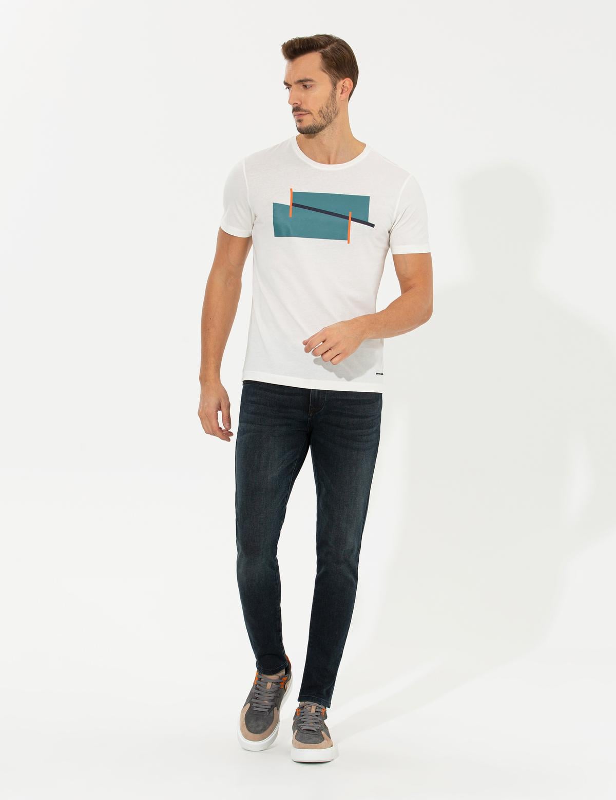 Ekru Slim Fit Bisiklet Yaka Tişört - 50258447013