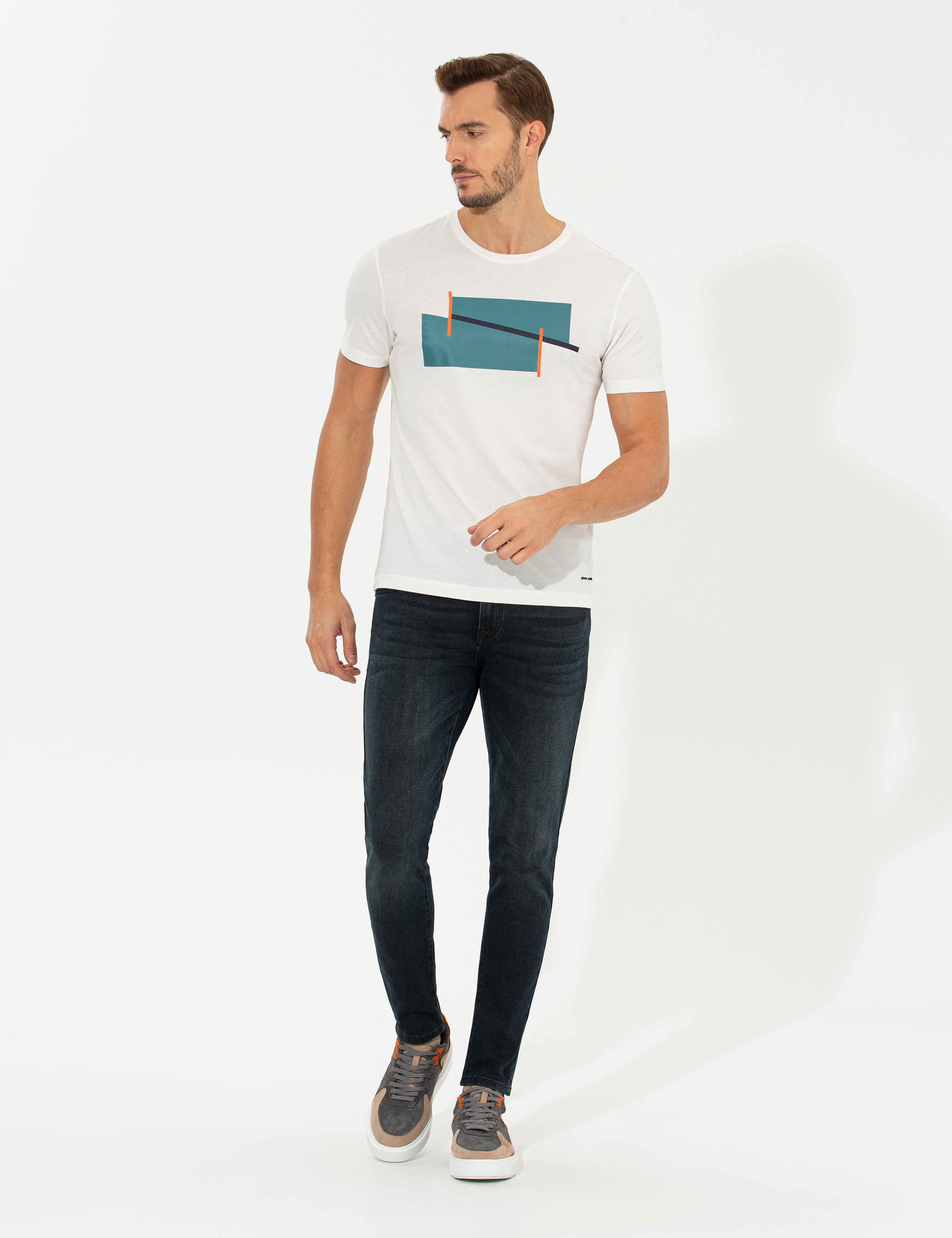 Ekru Slim Fit Bisiklet Yaka Tişört - Image 4