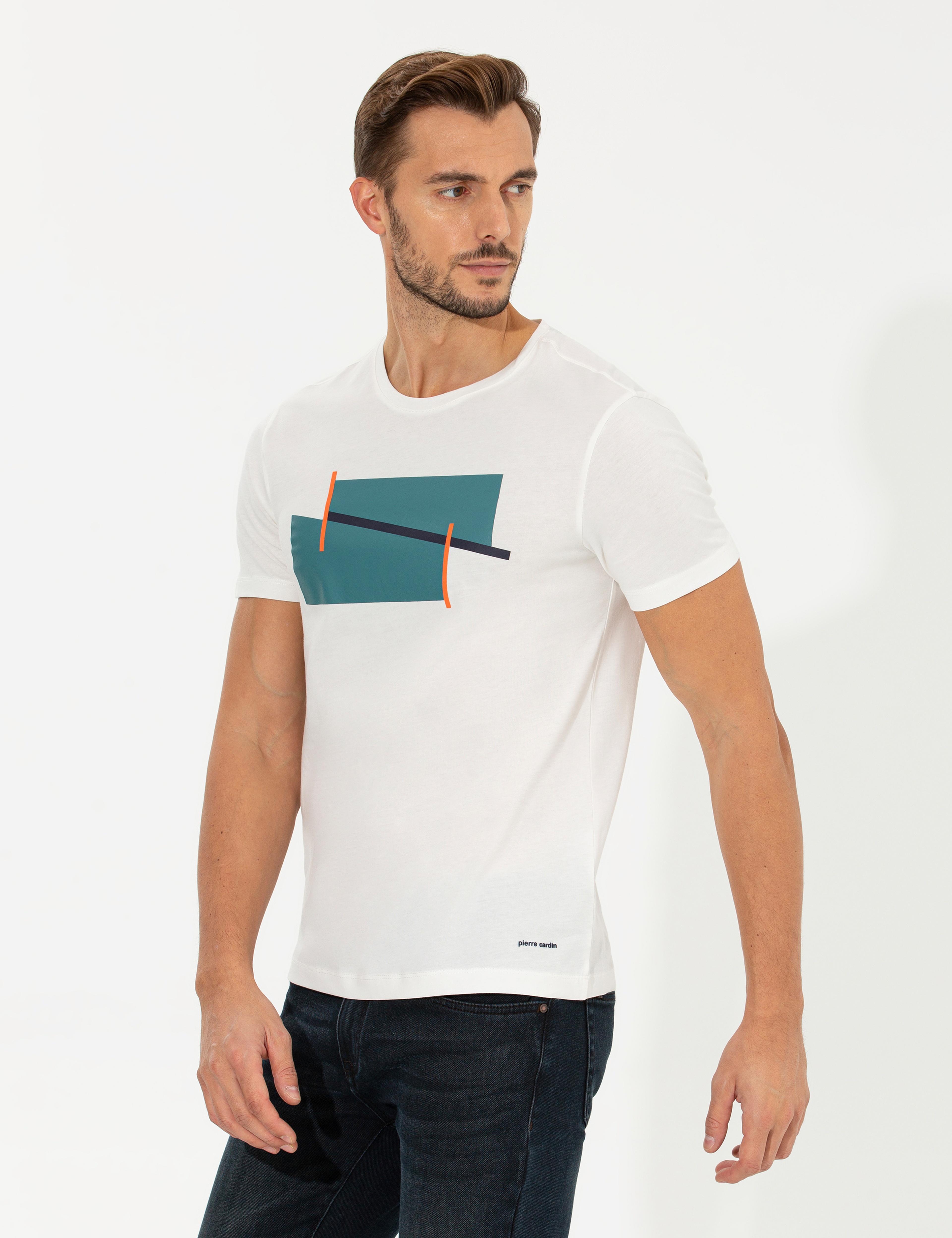 Ekru Slim Fit Bisiklet Yaka Tişört - Image 3