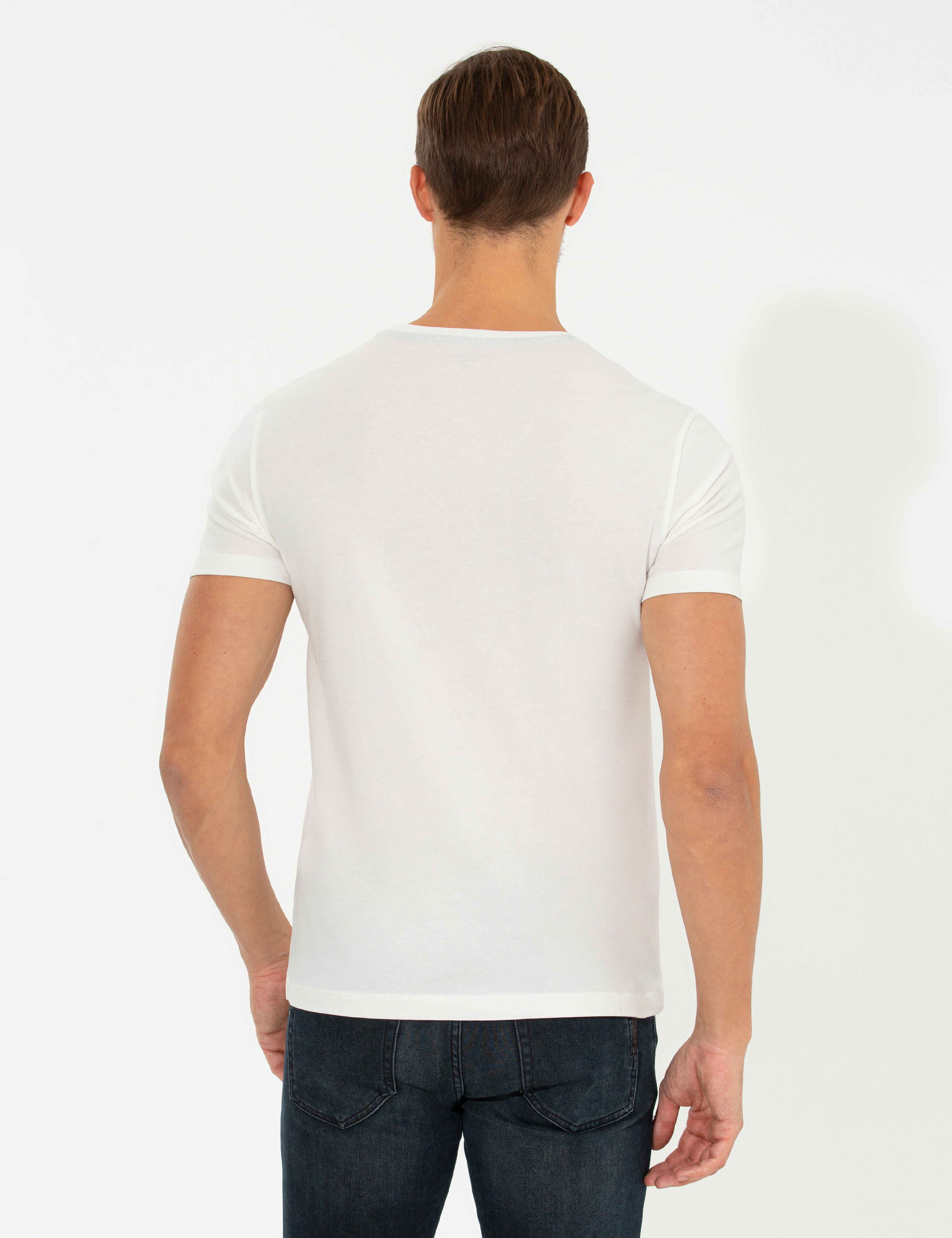Ekru Slim Fit Bisiklet Yaka Tişört - Image 5