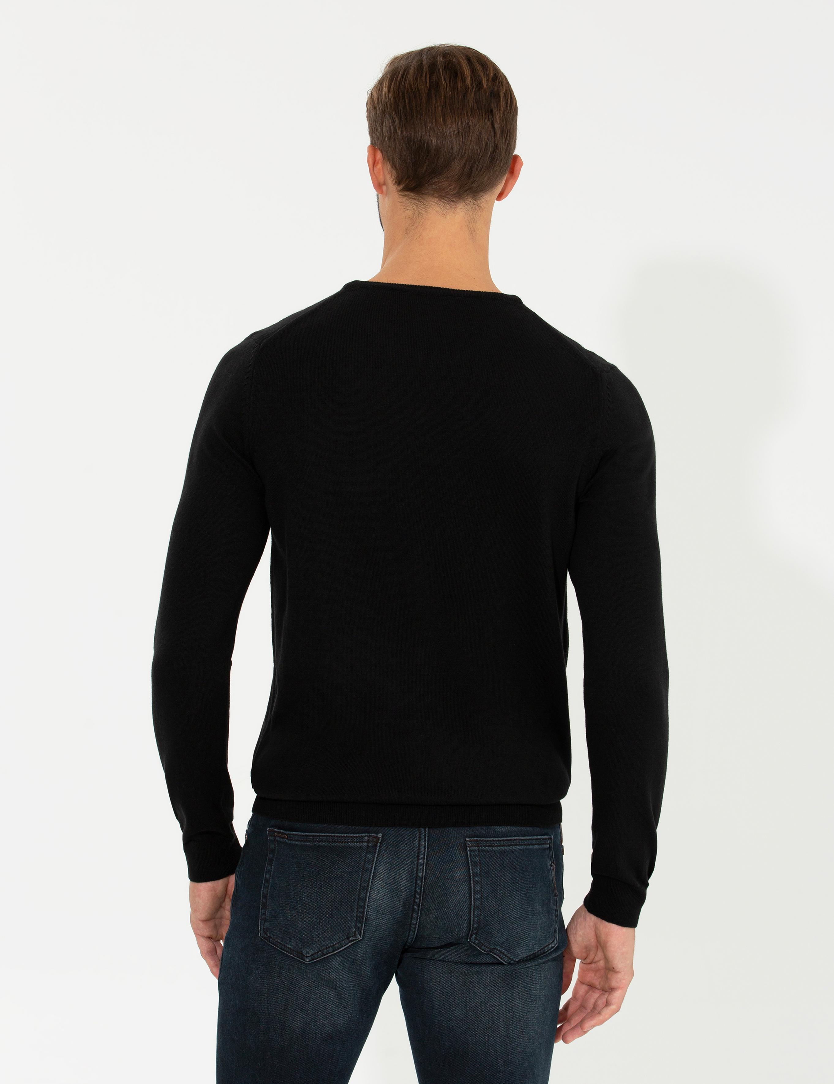 Siyah Slim Fit Bisiklet Yaka Basic Triko Kazak