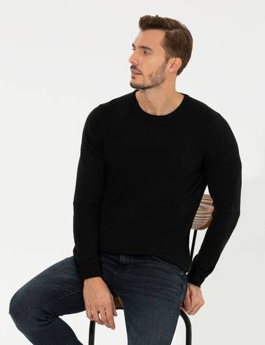 Siyah Slim Fit Bisiklet Yaka Basic Triko Kazak