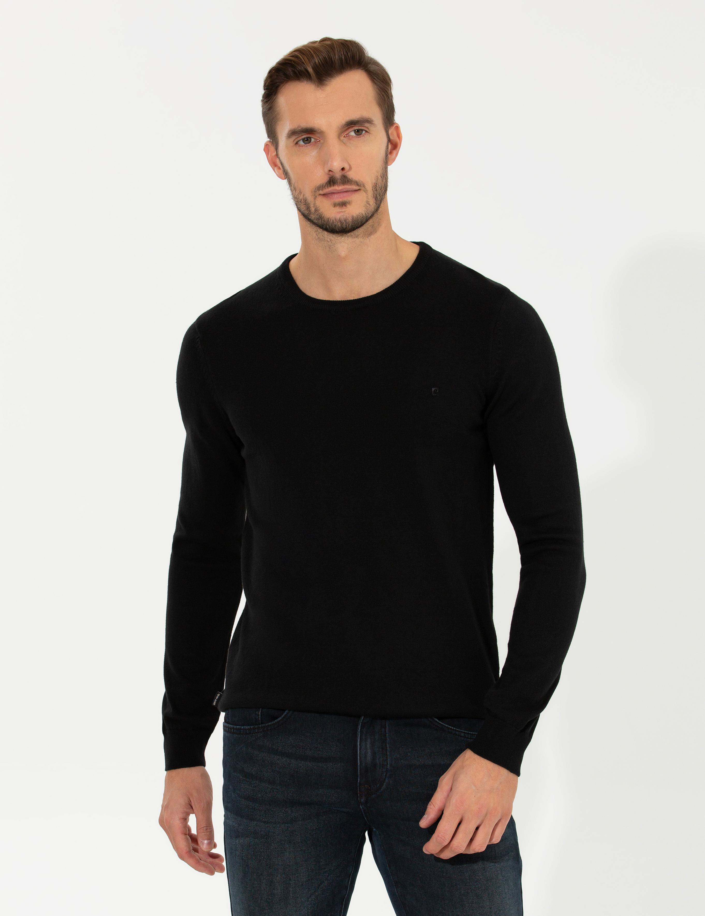 Siyah Slim Fit Bisiklet Yaka Basic Triko Kazak