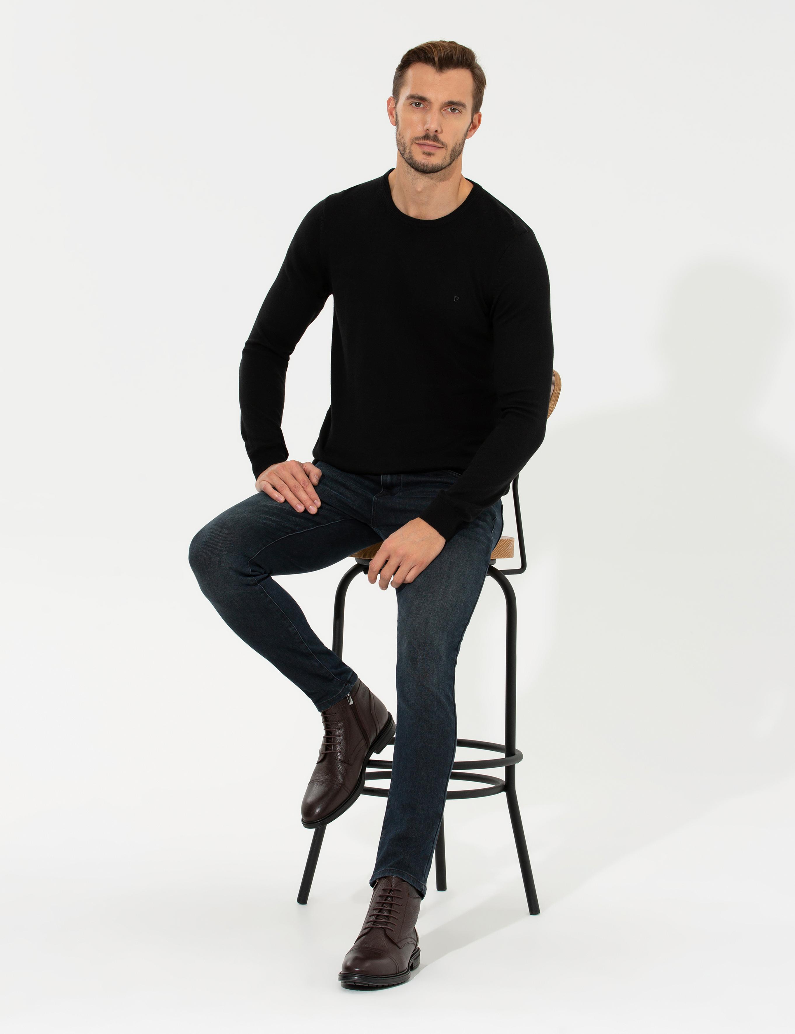 Siyah Slim Fit Bisiklet Yaka Basic Triko Kazak