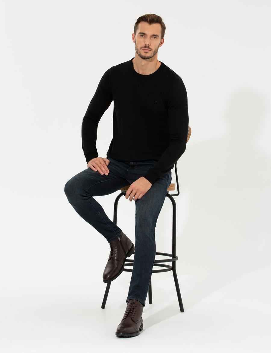 Siyah Slim Fit Bisiklet Yaka Basic Triko Kazak