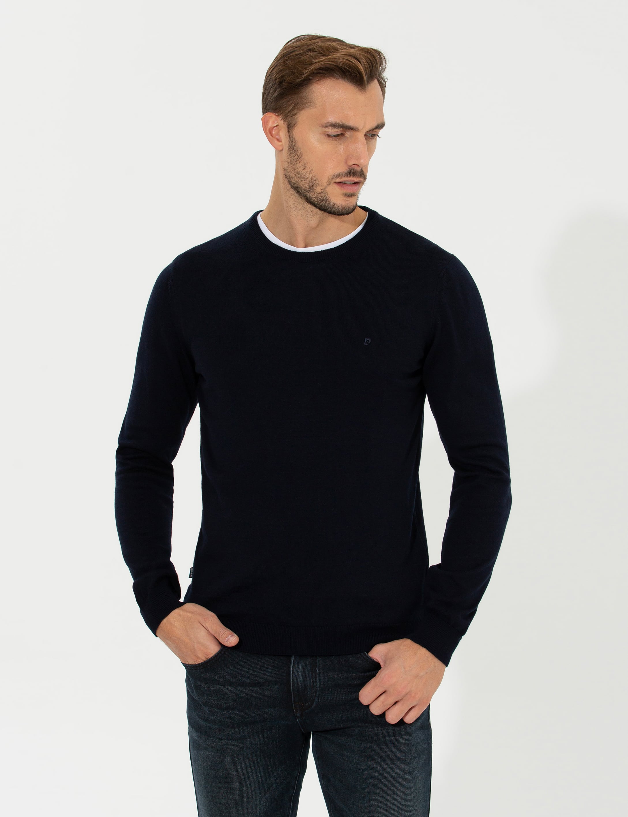Lacivert Slim Fit Bisiklet Yaka Basic Triko Kazak - Image 1
