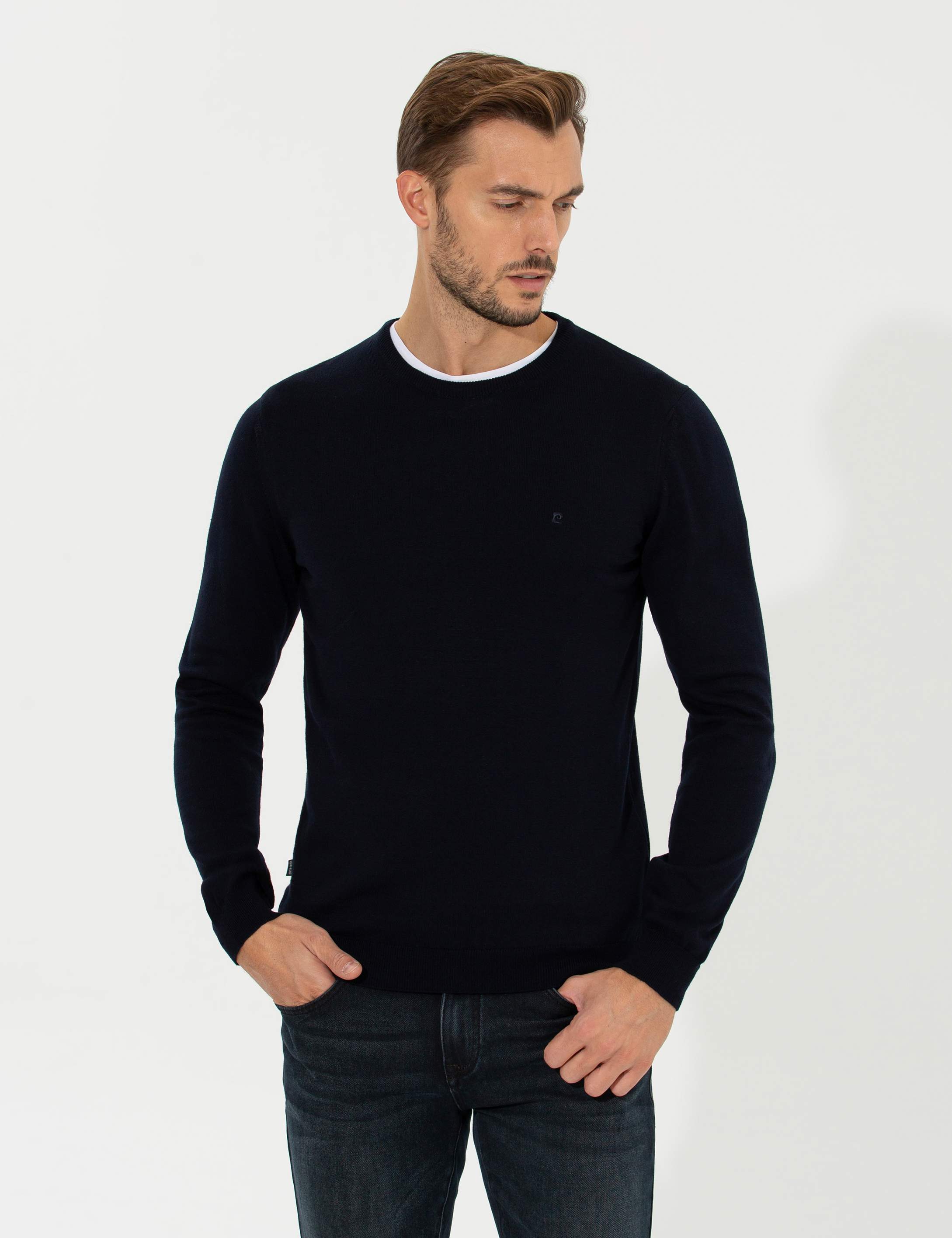 Lacivert Slim Fit Bisiklet Yaka Basic Triko Kazak