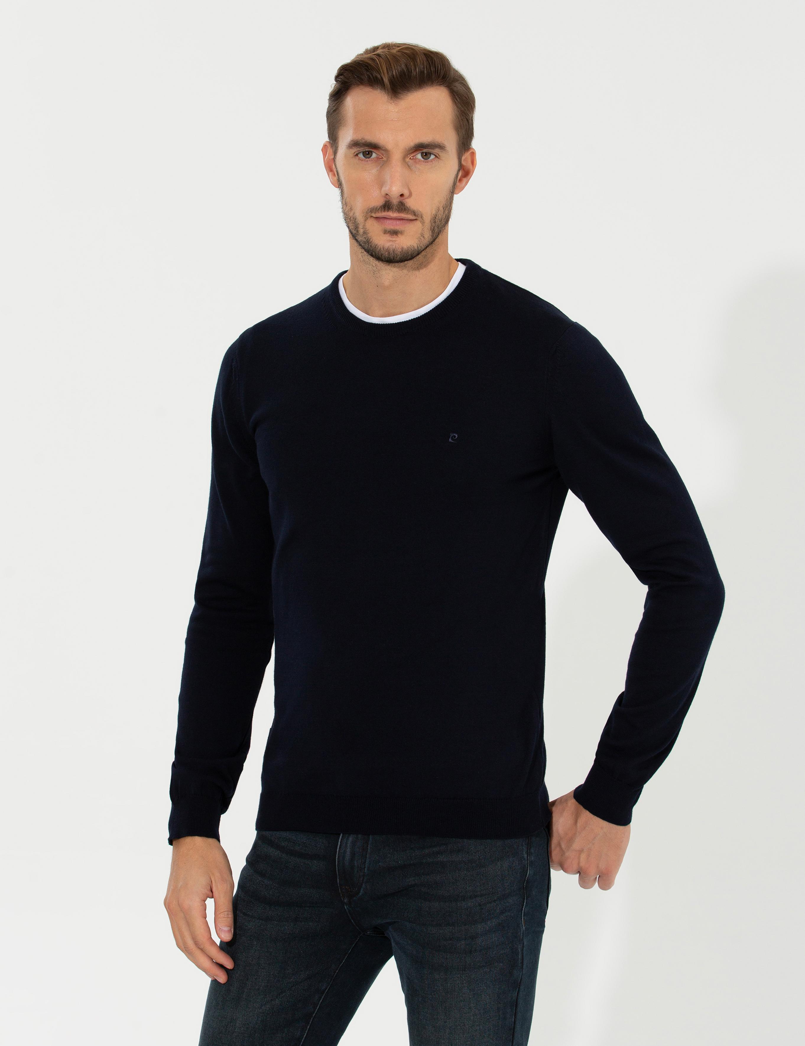 Lacivert Slim Fit Bisiklet Yaka Basic Triko Kazak