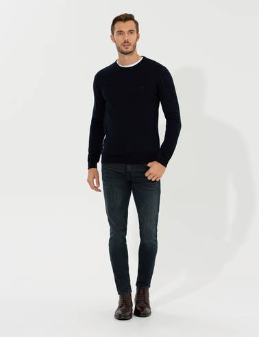 Lacivert Slim Fit Bisiklet Yaka Basic Triko Kazak