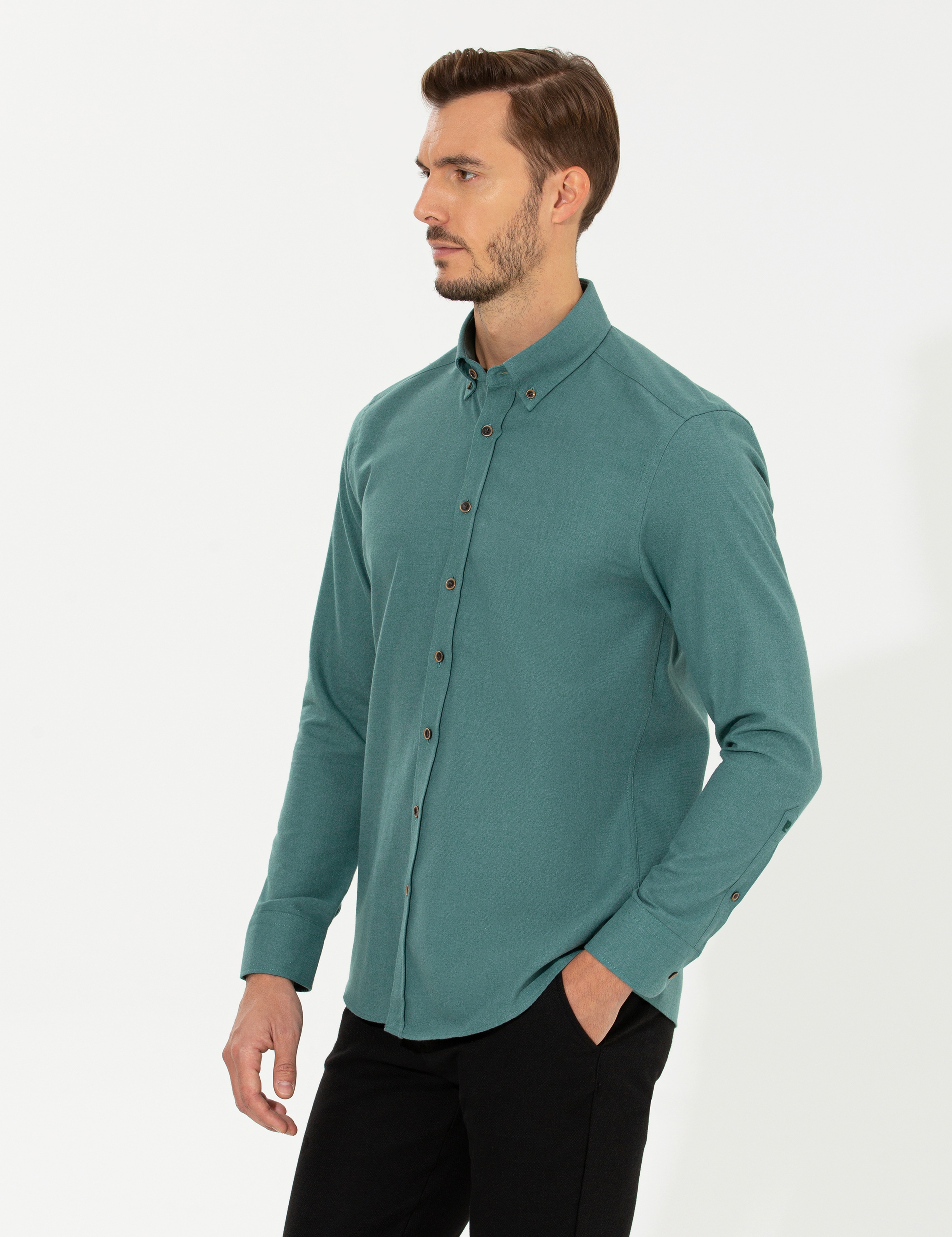 Yeşil Regular Fit Uzun Kollu Gömlek - Image 4