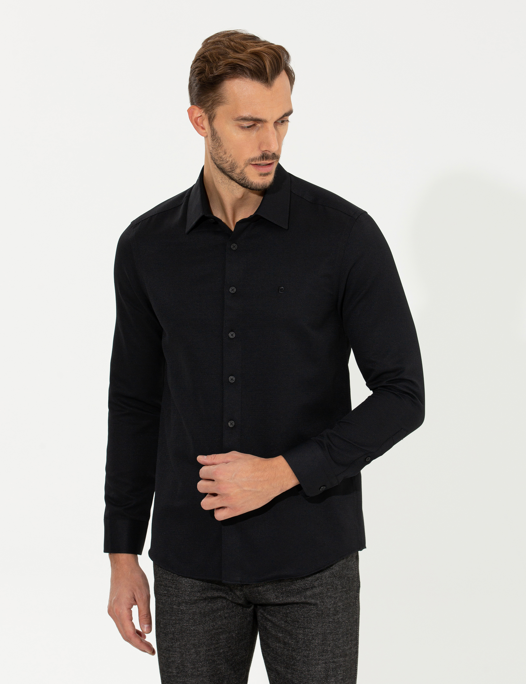 Siyah Slim Fit Uzun Kollu Gömlek - Image 4