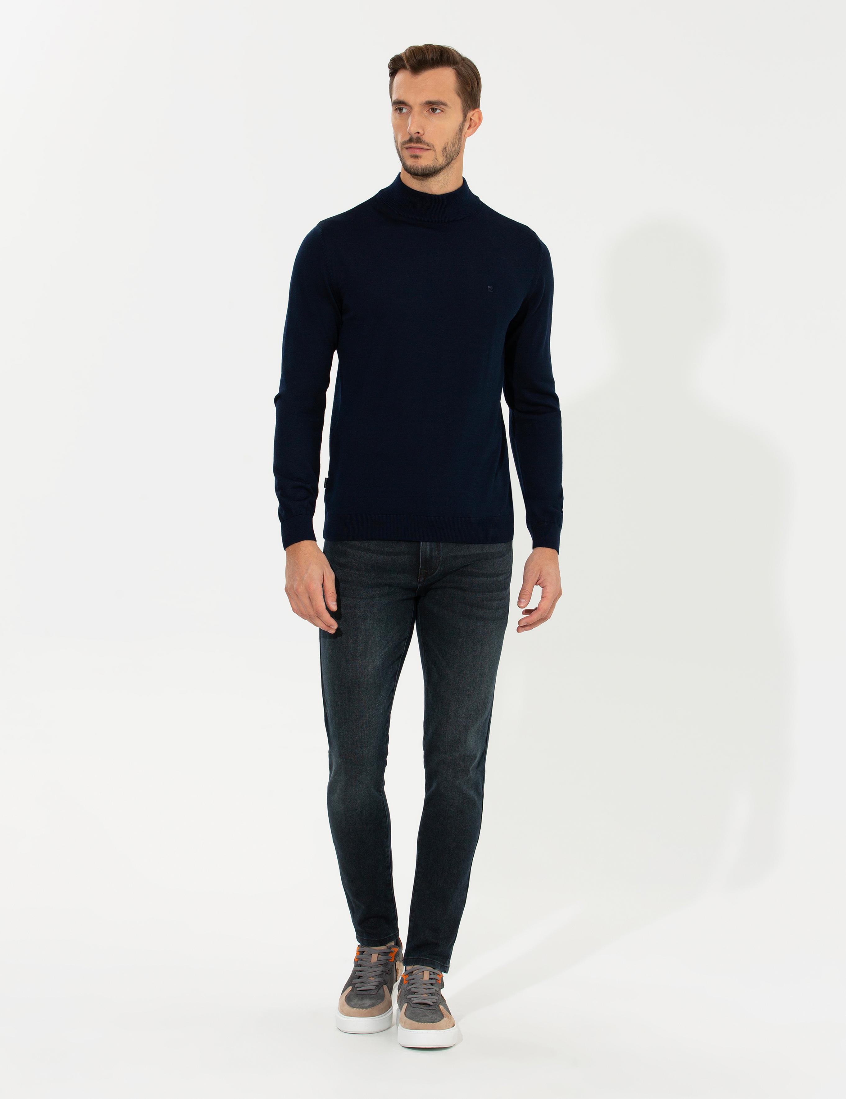 Lacivert Regular Fit Yarım Balıkçı Yaka Basic Triko Kazak