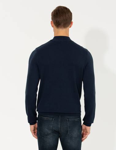 Lacivert Melanj Slim Fit Yarım Balıkçı Yaka Triko Kazak