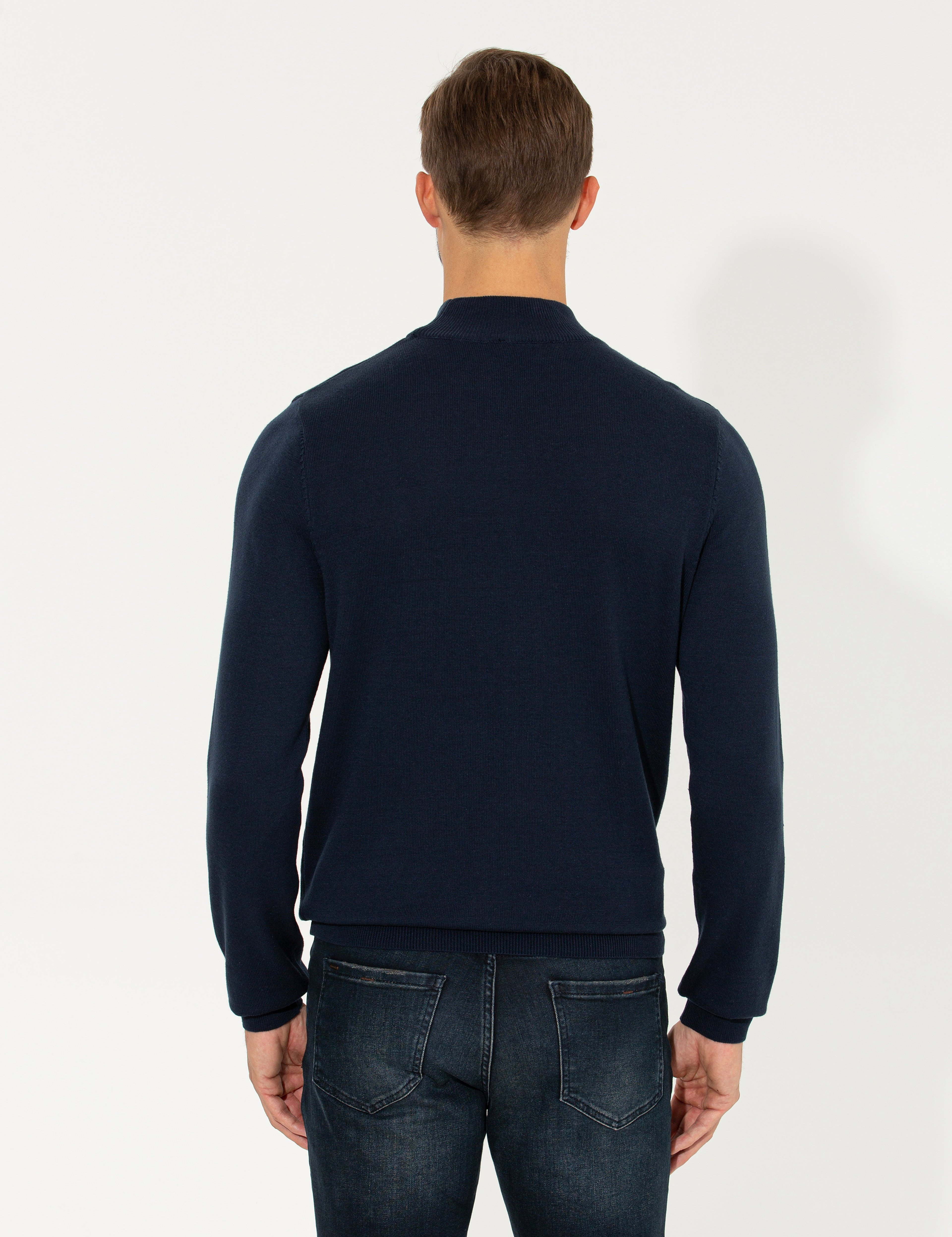 Lacivert Melanj Slim Fit Yarım Balıkçı Yaka Triko Kazak - Image 5
