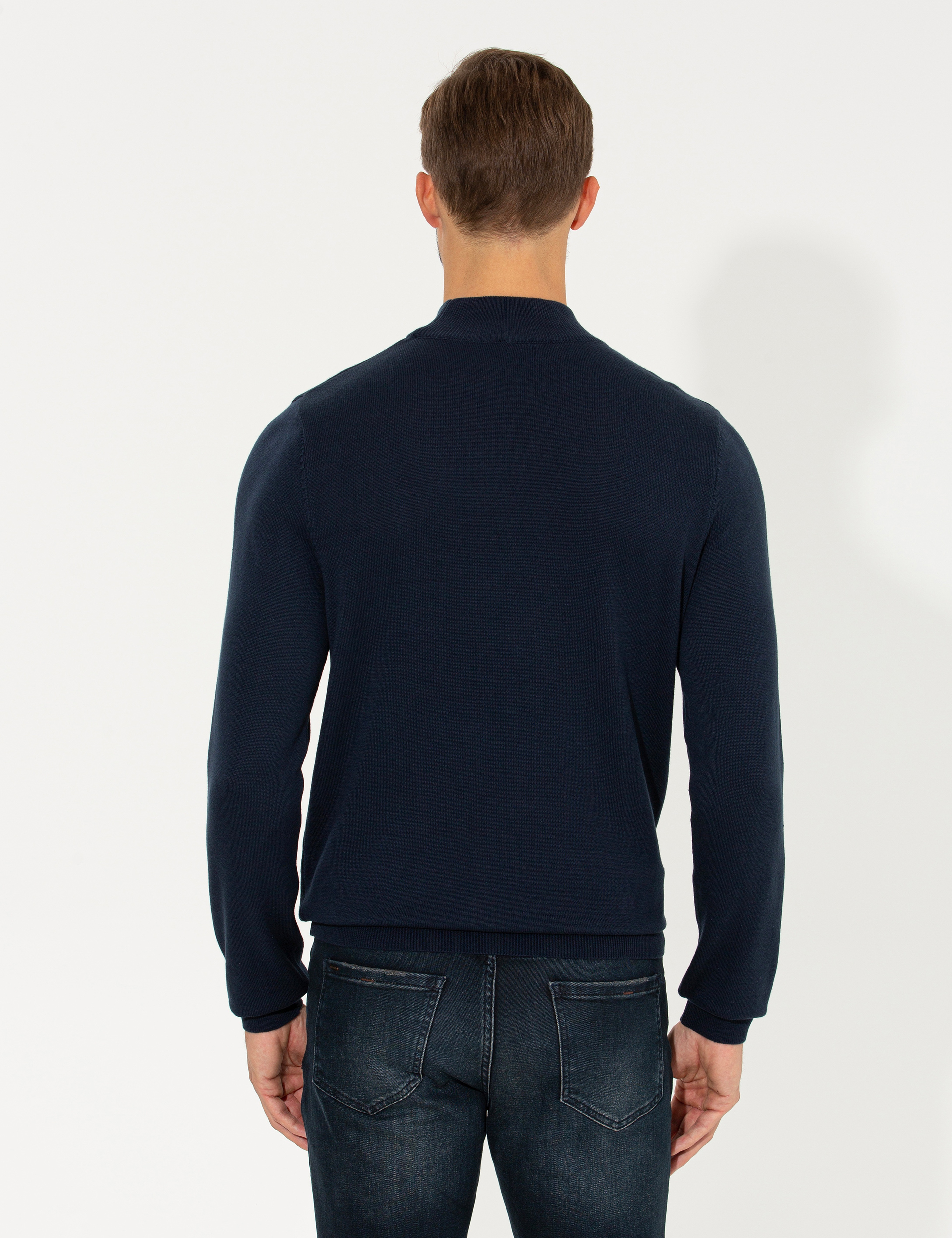 Lacivert Melanj Slim Fit Yarım Balıkçı Yaka Triko Kazak