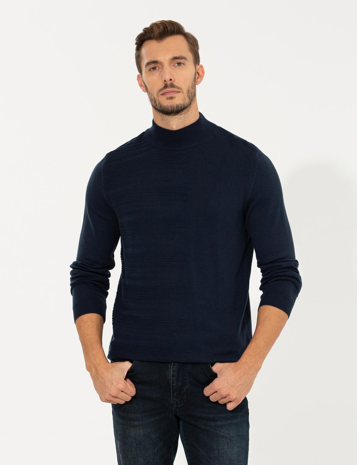 Lacivert Melanj Slim Fit Yarım Balıkçı Yaka Triko Kazak