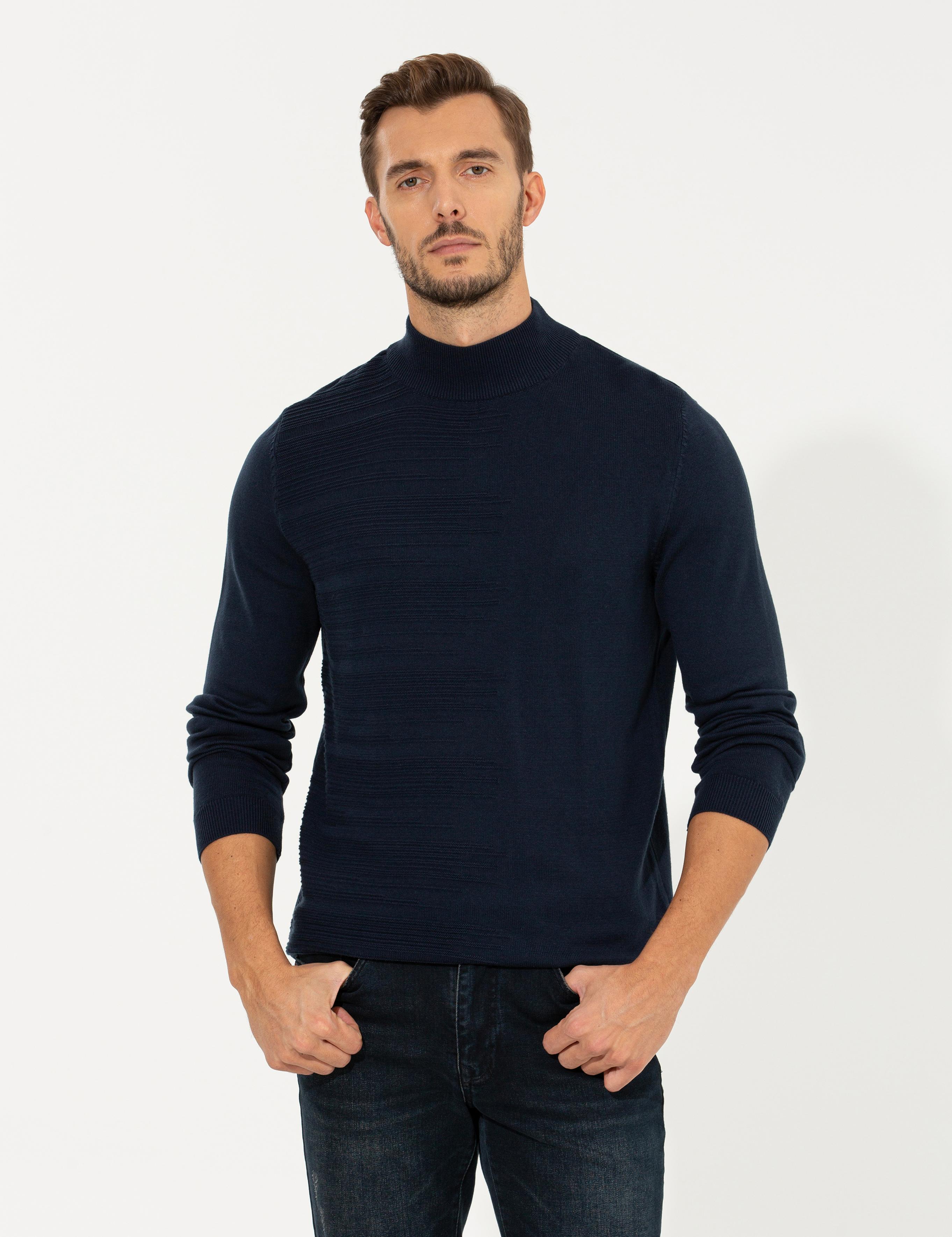 Lacivert Melanj Slim Fit Yarım Balıkçı Yaka Triko Kazak