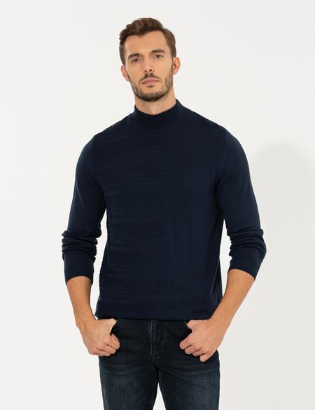 Lacivert Melanj Slim Fit Yarım Balıkçı Yaka Triko Kazak - 50258797043